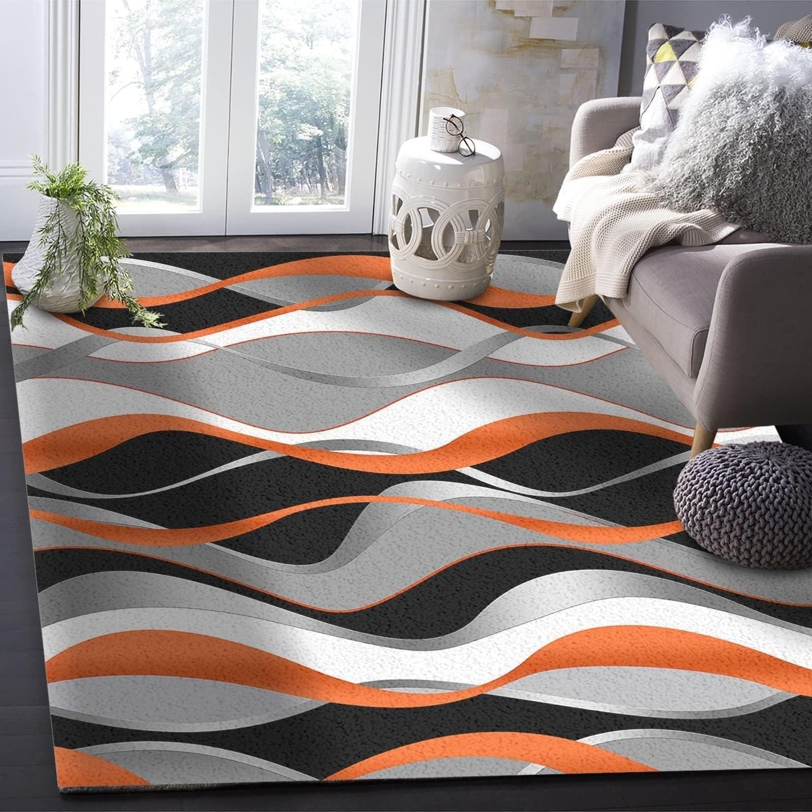 Tapis de Salon Moderne Abstrait Art Géométrique 150x250cm Tapis de Décoration Ondulé Blanc Orange Noir Gris Stripes, Tapis de Sol Lavable et Antidérapant pour Chambre, Paillasson Intérieur