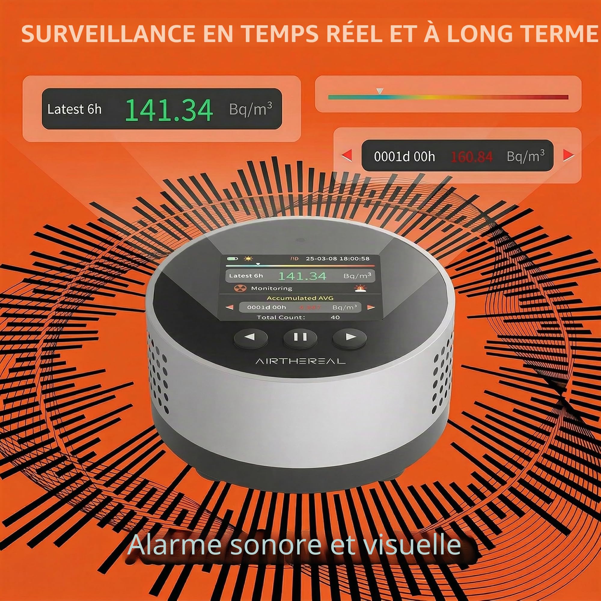 Airthereal Détecteur de Radon Portable – Stockage des données 504 Jours, écran LCD Couleur, résultats Rapides en 6 h, Longue autonomie de la Batterie, Alarme sonore et visuelle – Version 2025