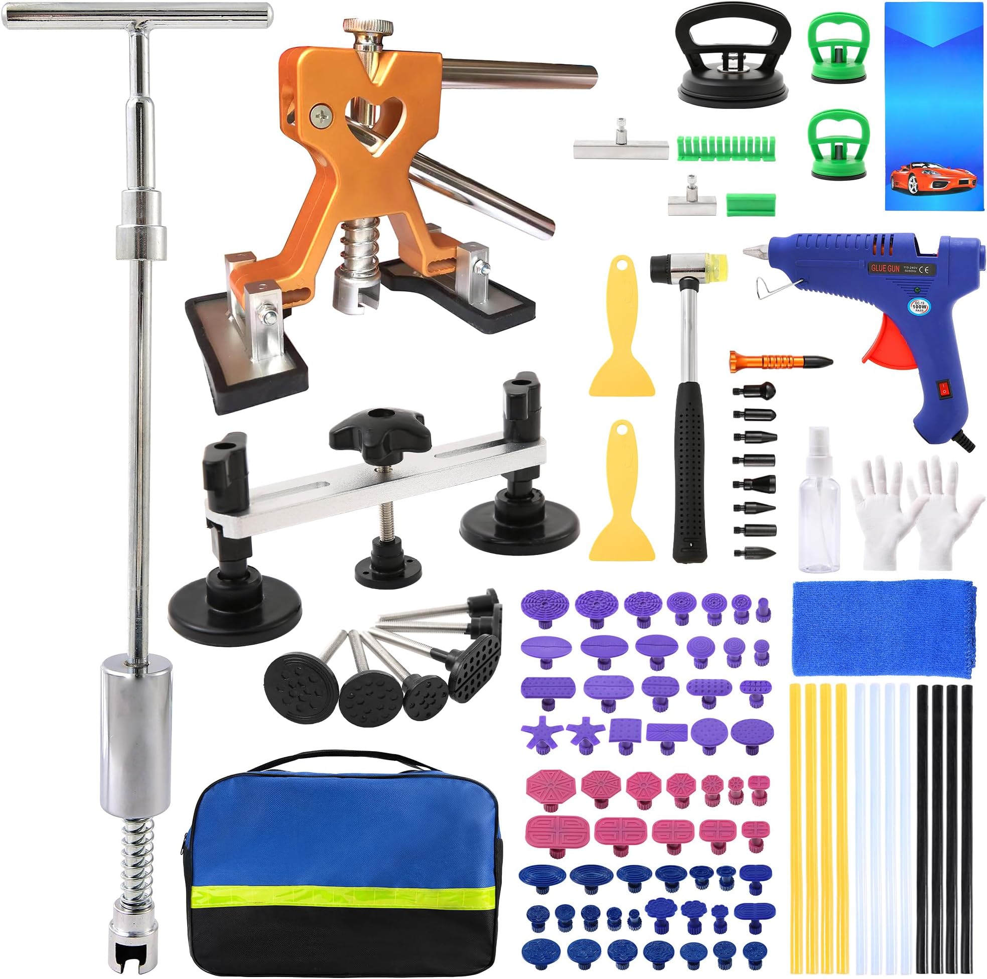 112PCS Dent Puller Kit,Body Repair Dent Removal Tools，Paintless Dent Removal Kit with T-bar Dent Puller