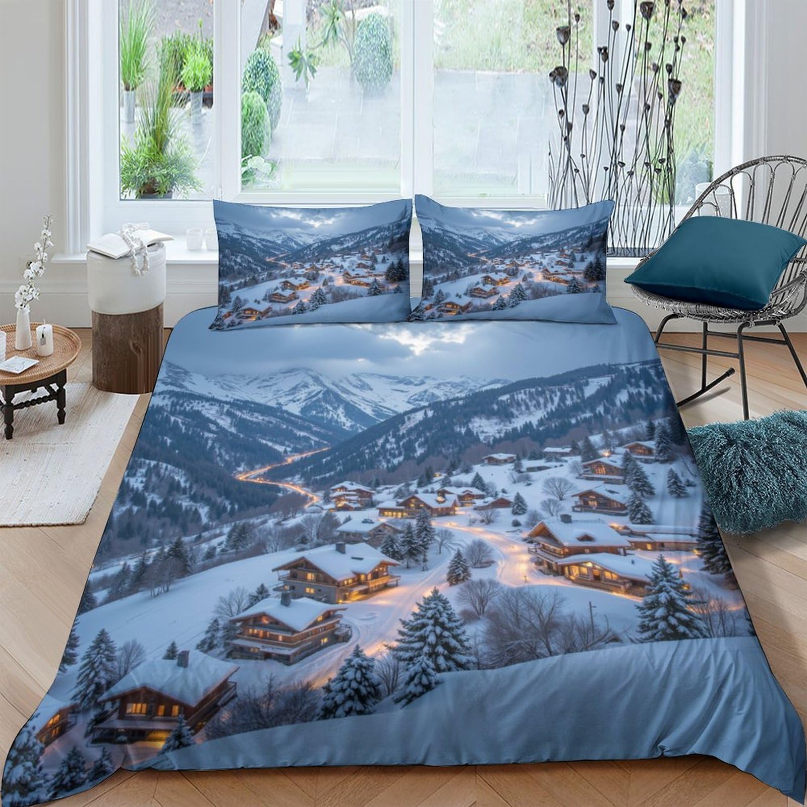 Ctjqhvkz Style-3 3D Printed Winter Village Fitted Sheet Microfiber Soft Blue Landscape Bed Cover For Bedroom Guest Room Decor Single（135X200cm）