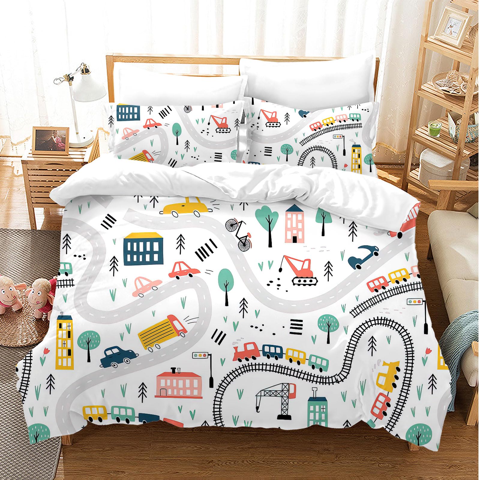 Ropa de cama infantil de 135 x 200 cm, diseño de excavadora, tractor y coches, diseño de dibujos animados en 3D, juego de ropa de cama para niños y niñas con funda de almohada (A-3, 135 x 200 cm)