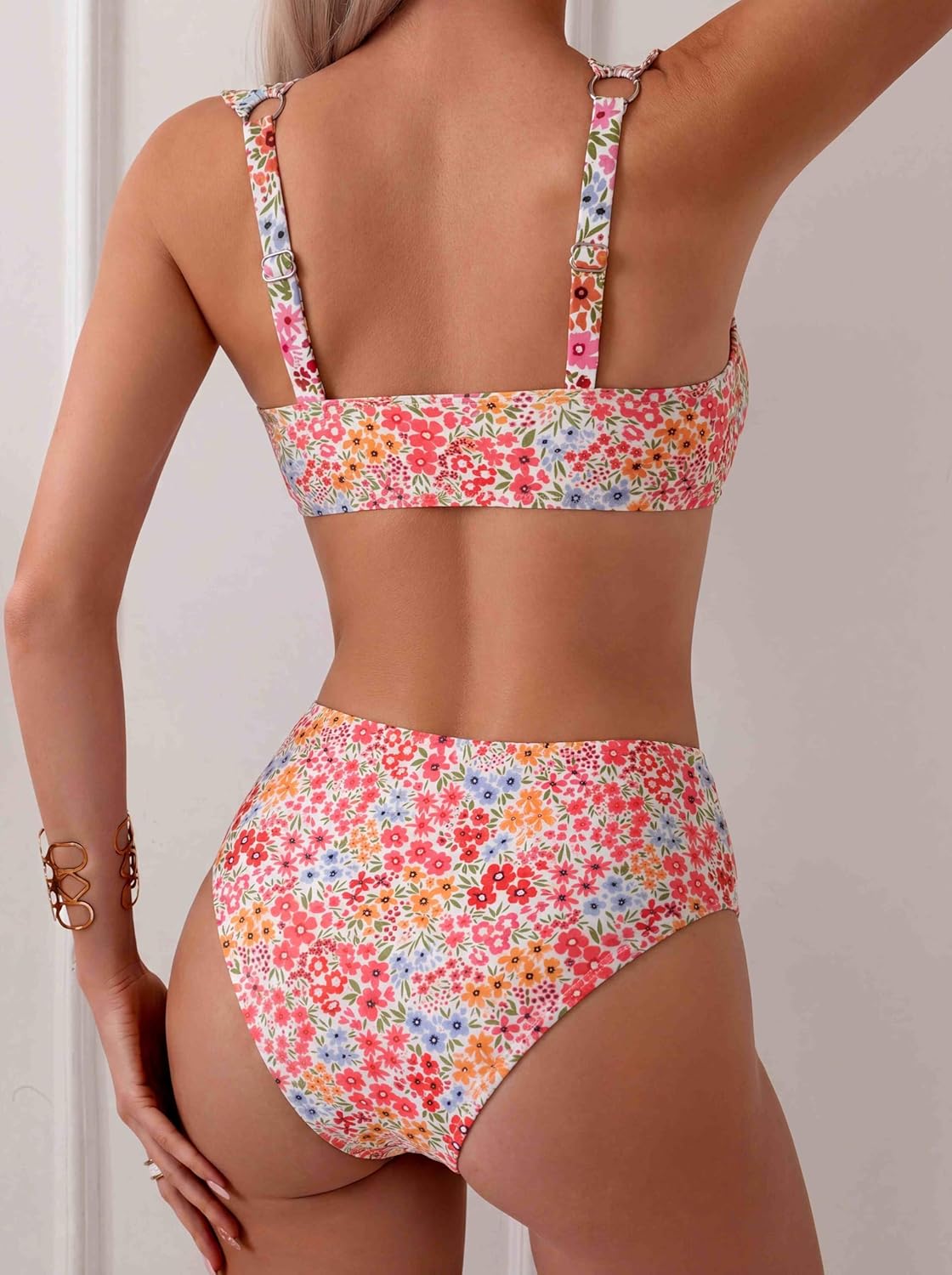 Fanuerg Women's High Waisted Bikini Sets Ditsy Floral Printed Two Piece Swimsuit Adjustable Strap Bathing Suit