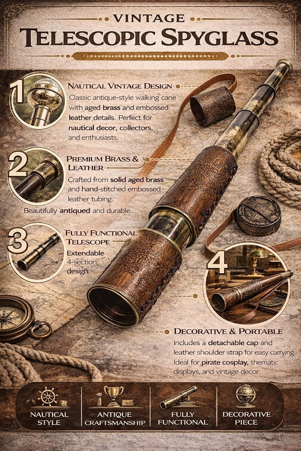Antique Decor Spyglass Pirate Telescope with Leather Case Handheld Telescope for Adventure Enthusiasts Vintage Decor for Gifting Travellers Vintage 18"
