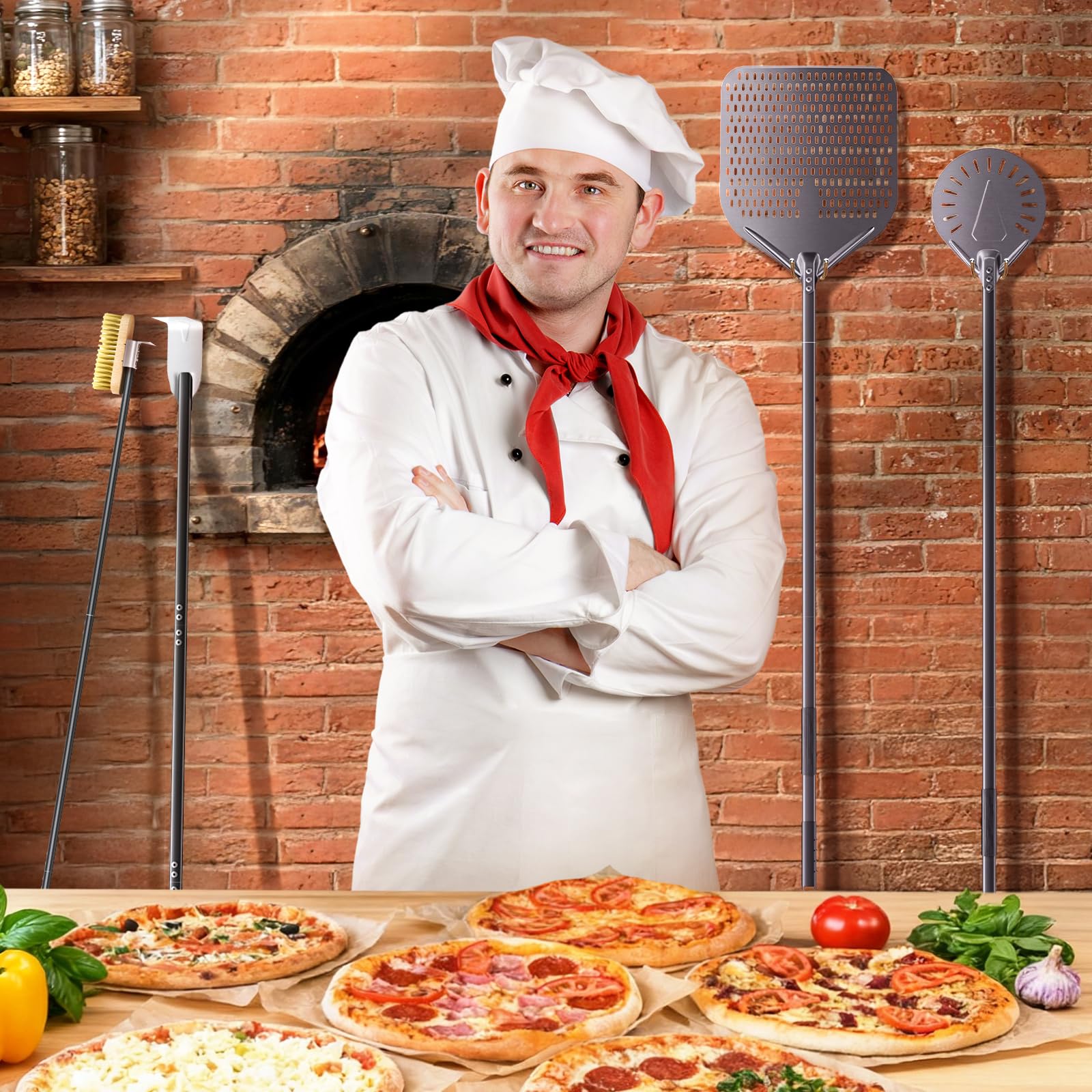 Set di 4, 34 cm x 36 cm Pala per Pizza, 23cm Pala per Pizza in Alluminio Buona Presa,rastrello per cenere, spazzola rotante regolabile 160cm