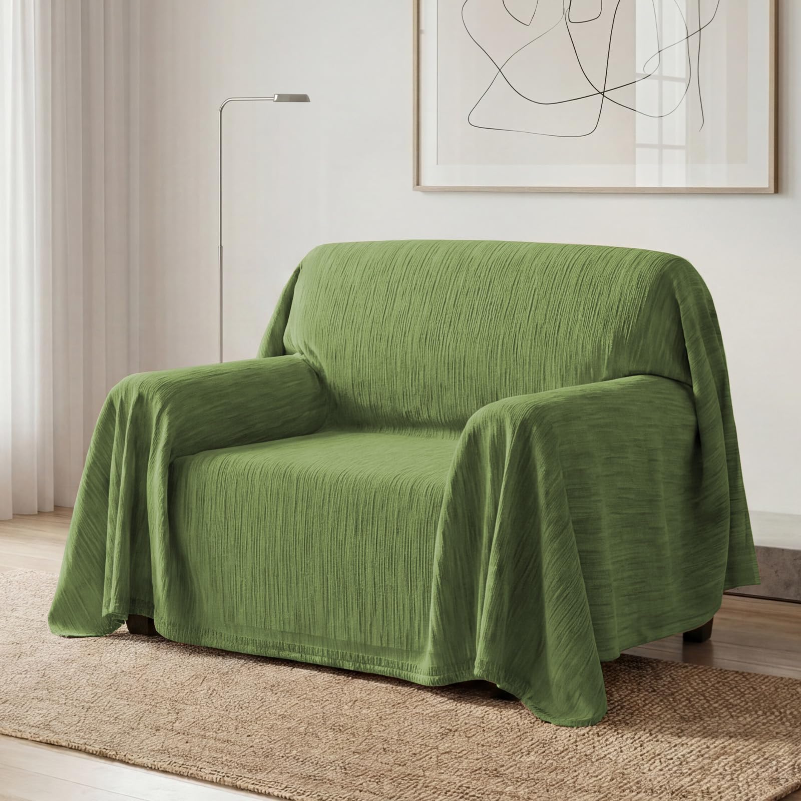 BellaHills Sofa Cover 3 Seater Chenille Sofa Covers 2 Seater Armchair Covers L Shape Sofa Slipcover Non-Slip Couch Covers with Tassel Sofa Protector for Sectional Sofa, 180x230cm, Texture Green