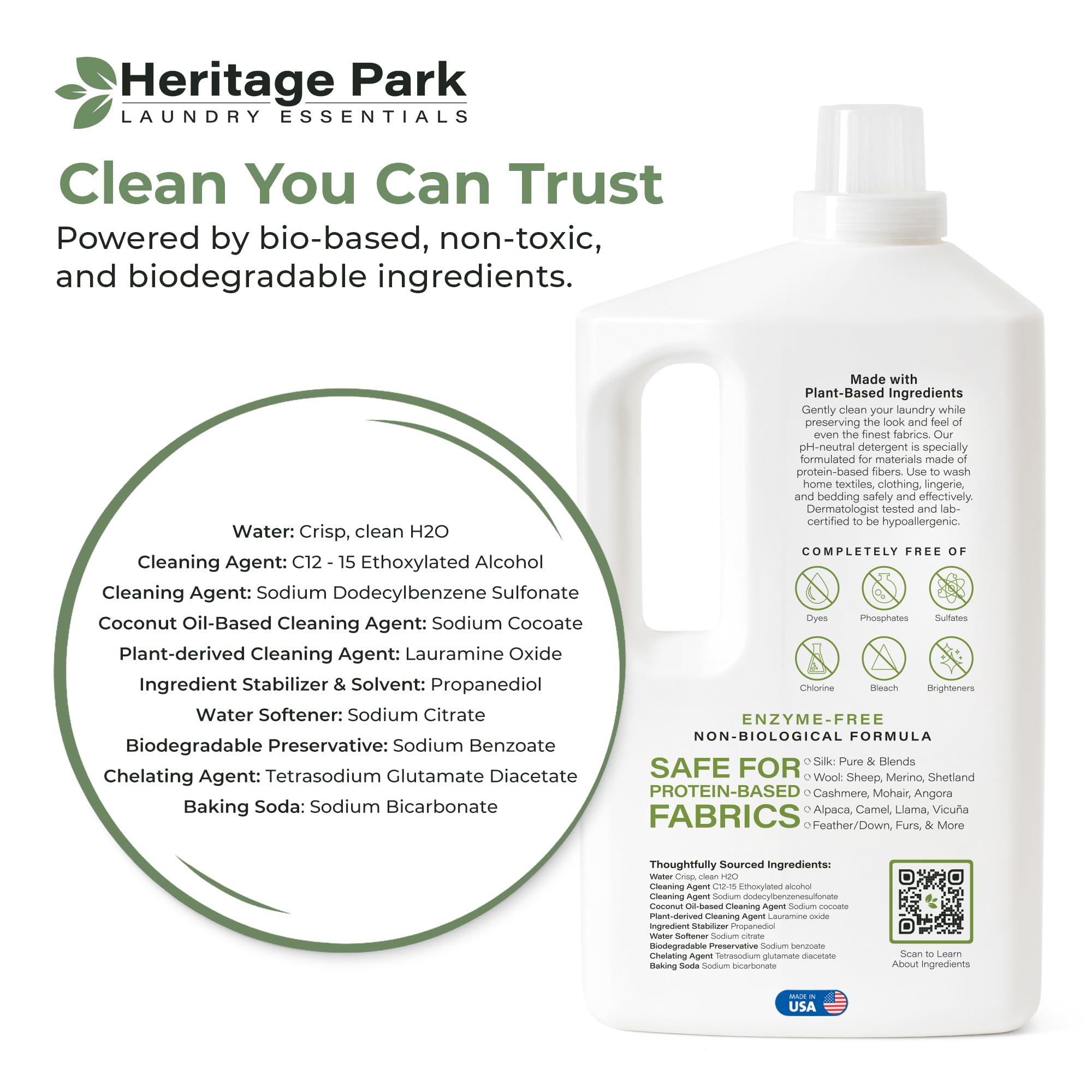 Heritage Park - Detergente para ropa sin fragancia de seda y lana, hipoalergénico, pH neutro, probado por dermatólogos, agradable al tacto, sin enzimas, concentrado hasta 128 cargas (64 fl oz)