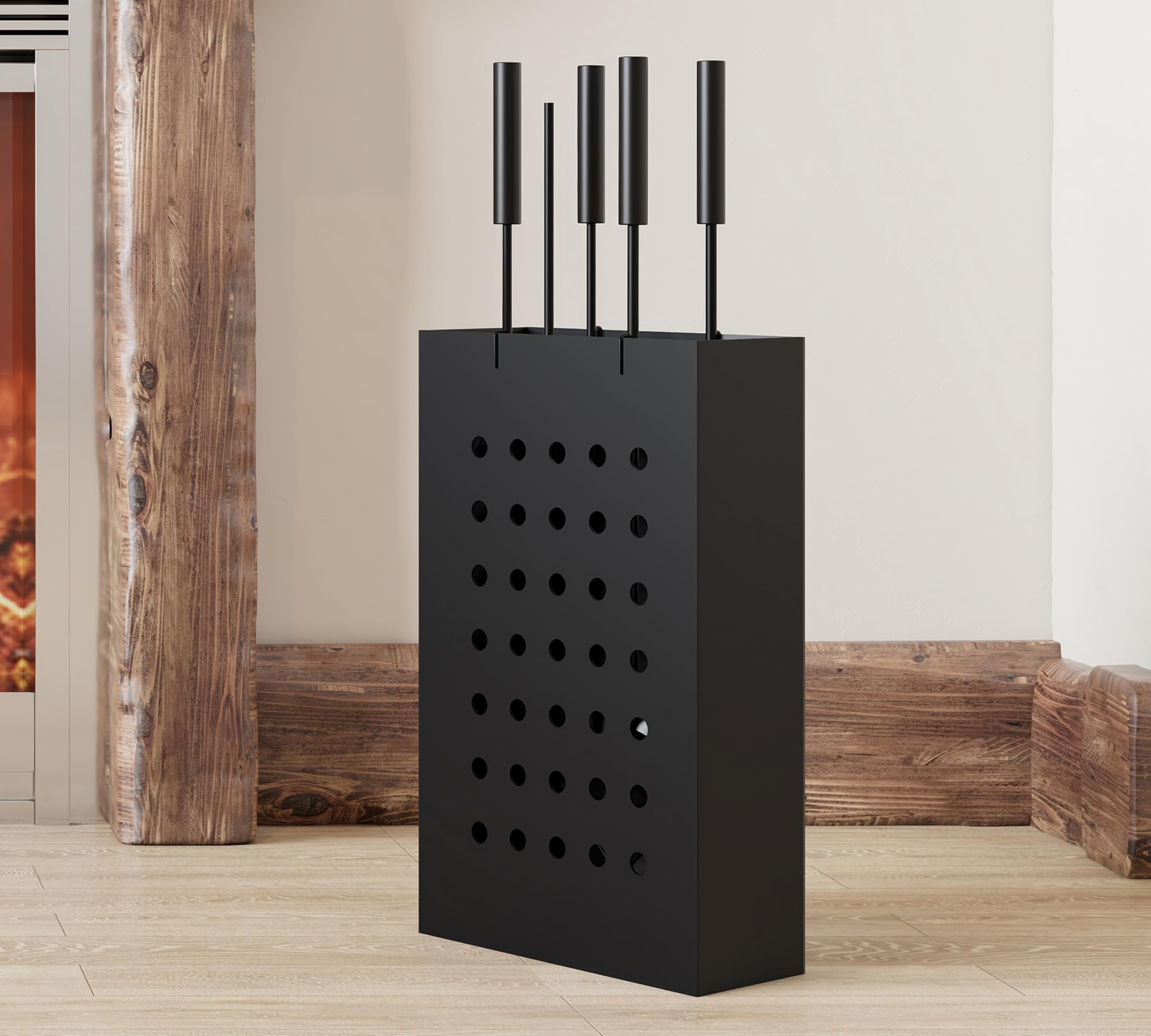 Kingson Ensemble de cheminée en fer noir avec seau à cendres rectangulaire – 4 outils de suspension (tisonnier, brosse, pelle, pince) – Ensemble d'outils de cheminée compact pour poêle à bois
