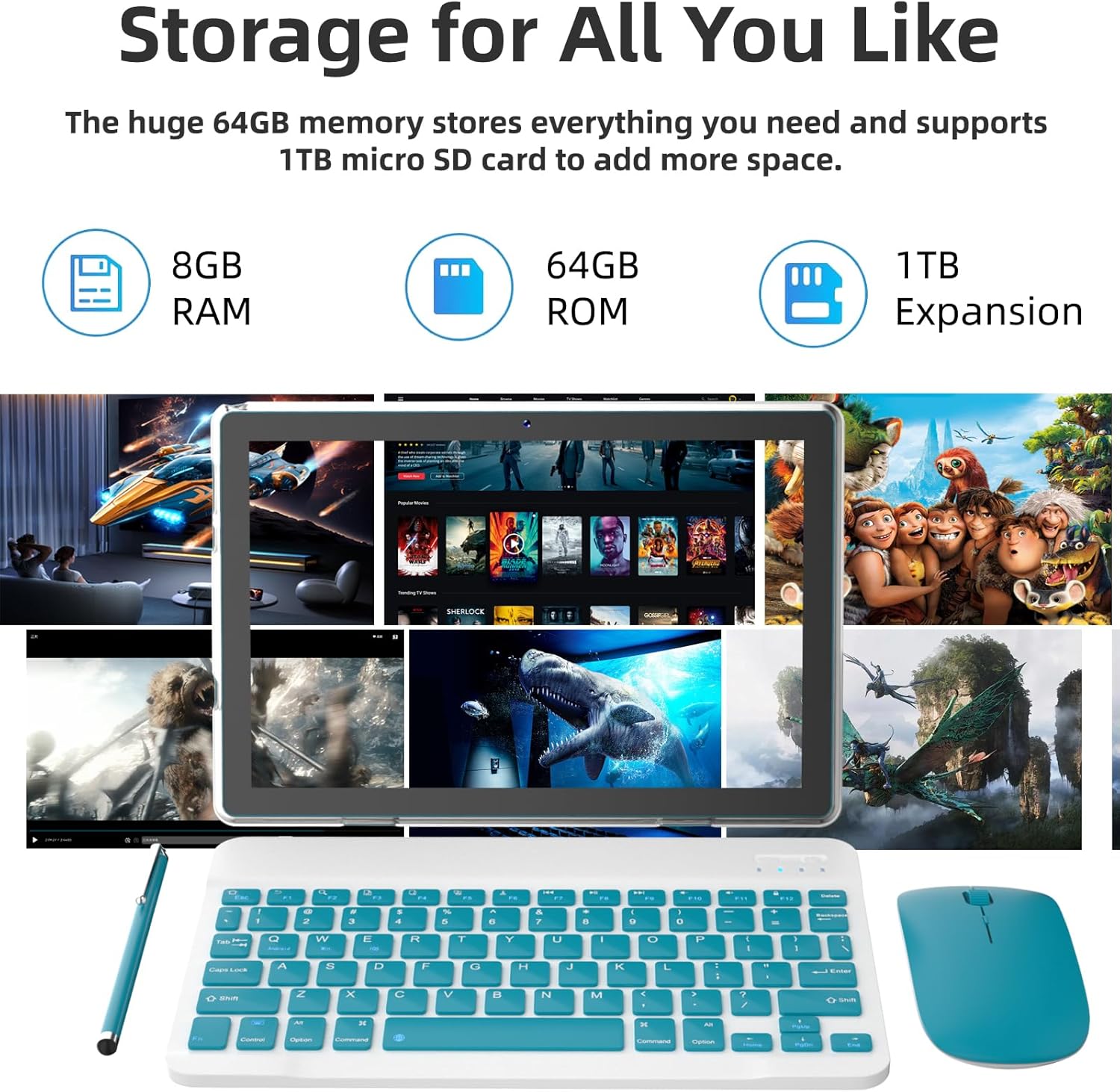 Tablet screen displaying multiple applications and media, demonstrating ample storage capacity.