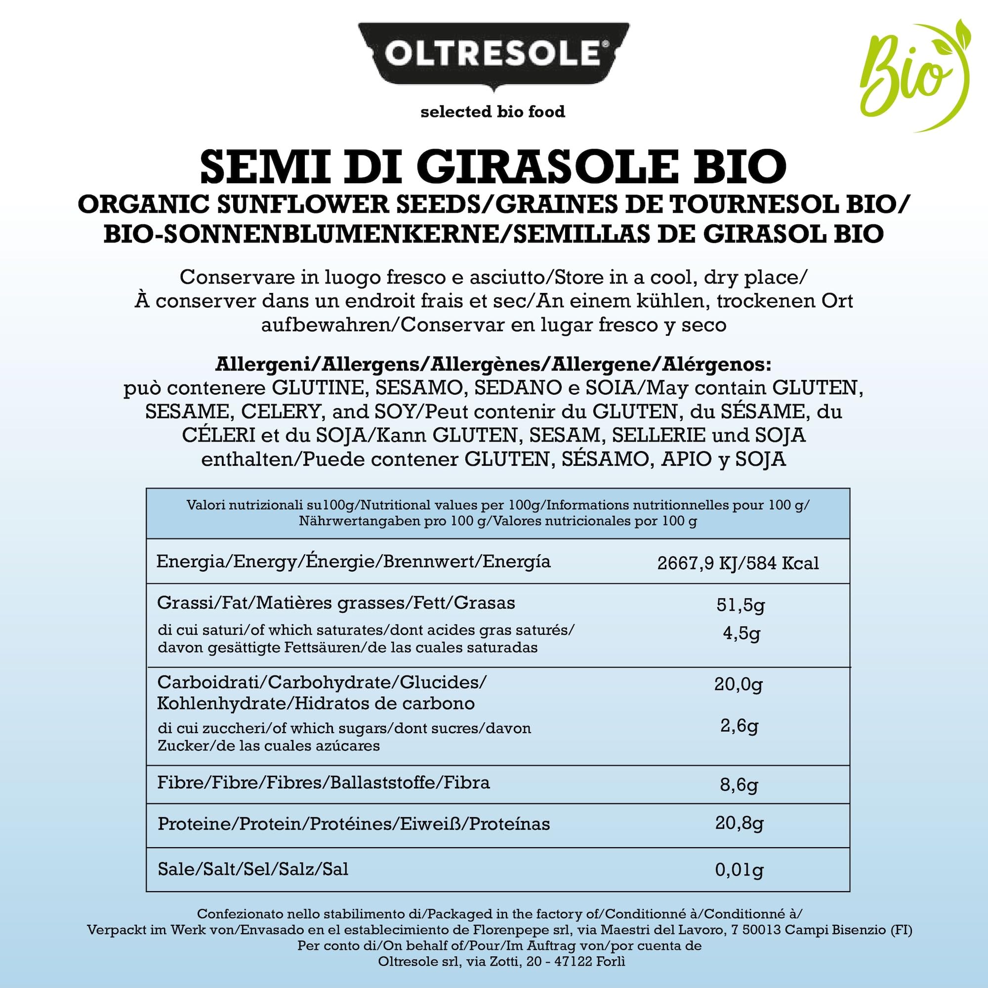 Oltresole, Semillas de girasol descascarilladas ecológicas 1 Kg, Semillas oleaginosas ecológicas crudas, sin cáscara, sin tostar y sin salar, ricas en fibra y nutrientes, Pack ideal para familias