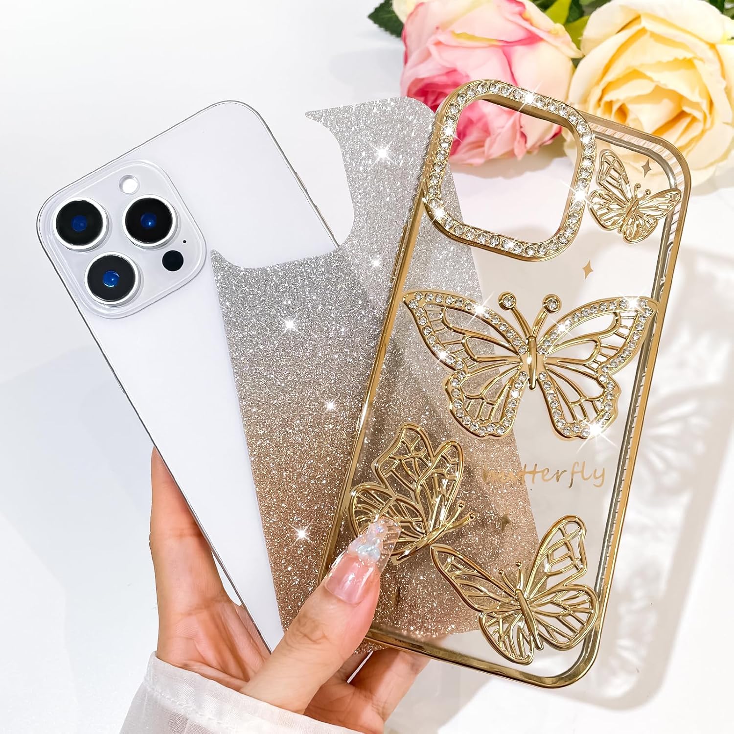 Bonoma Glitter Case for iPhone 16 Pro Max, Cute 3D Butterfly Pattern Plating Bling Case,Camera Protection Sparkly Slim Soft Back Cover for Women Girls,Gold - Image 6