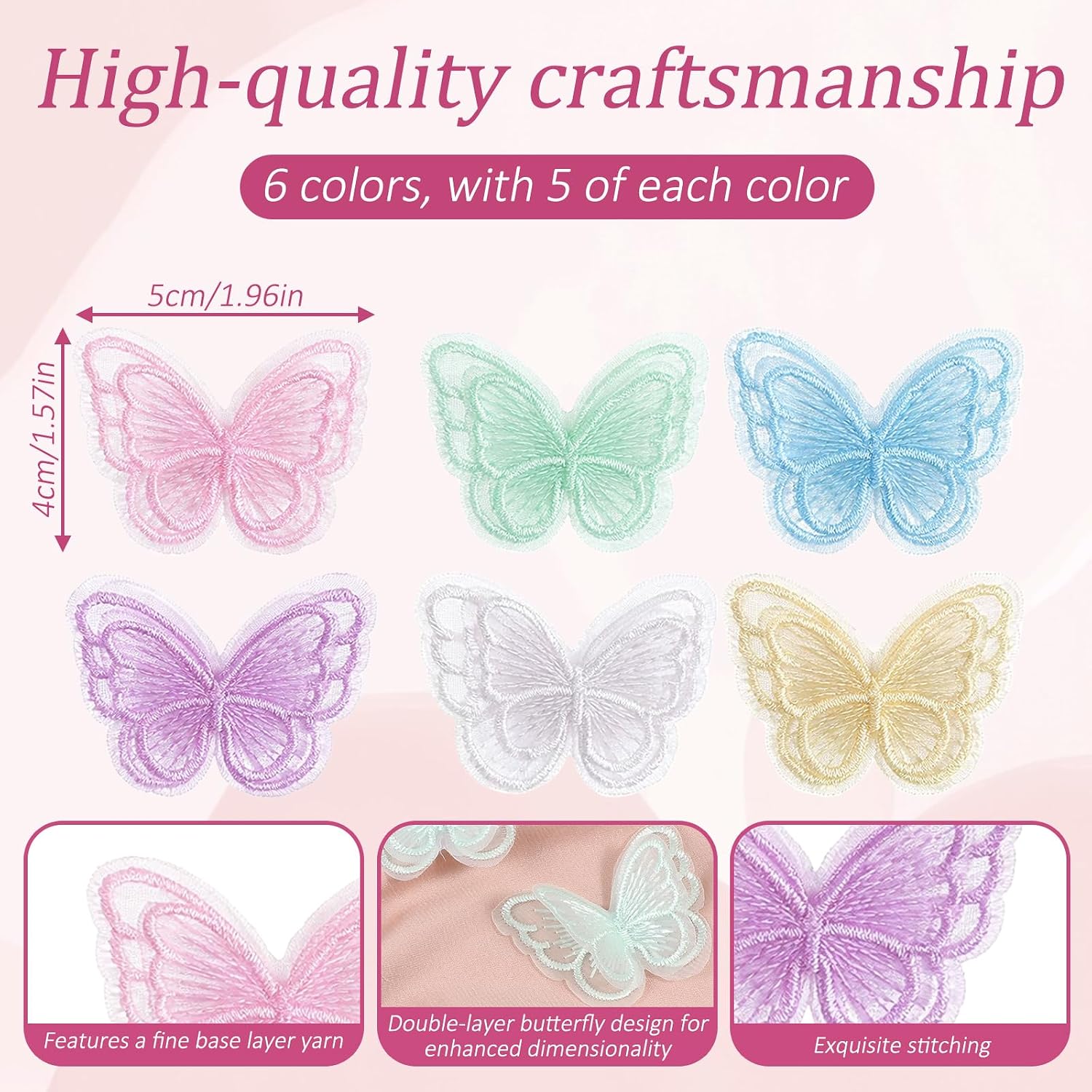 30 PCS Embroidery Butterfly Patches, Double Layer Organza Butterflies Applique Decorations, Butterfly Iron on Patches for DIY Crafts Wedding Bridal Party Headdress Clothes Hair Accessories(6 Colors)