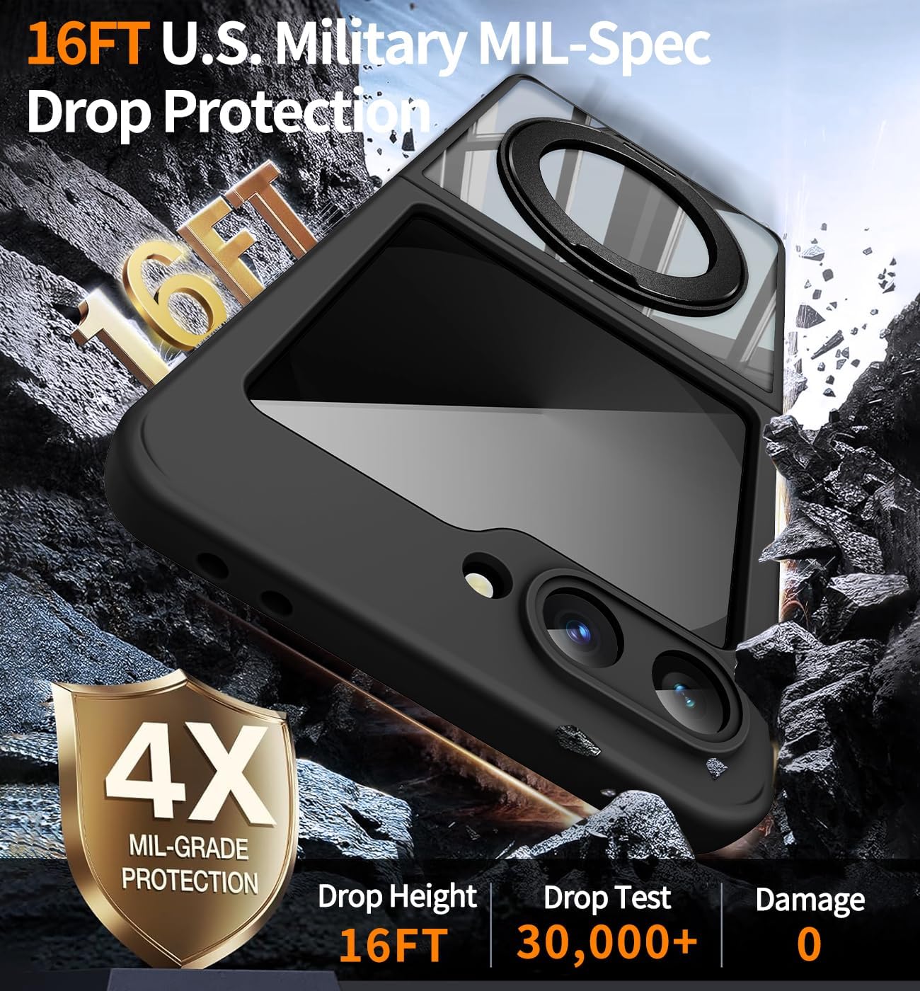 【360°Spin Magnetic Stand】 Case for Galaxy Z Flip 6/5 【Fit for MagSafe & Pixelsnap】 Cover with Ring Holder 【No-Yellow Crystal Clear】 Camera Protection Phone Samsung Galaxy Z Flip 6/5 Case - Black
