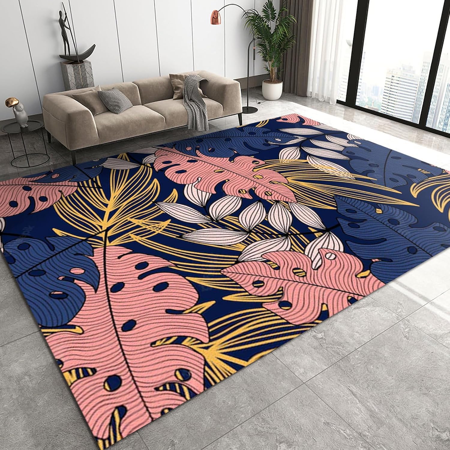 Tapis 3D rectangulaire grand tapis de couloir et salon motif feuilles 120x160