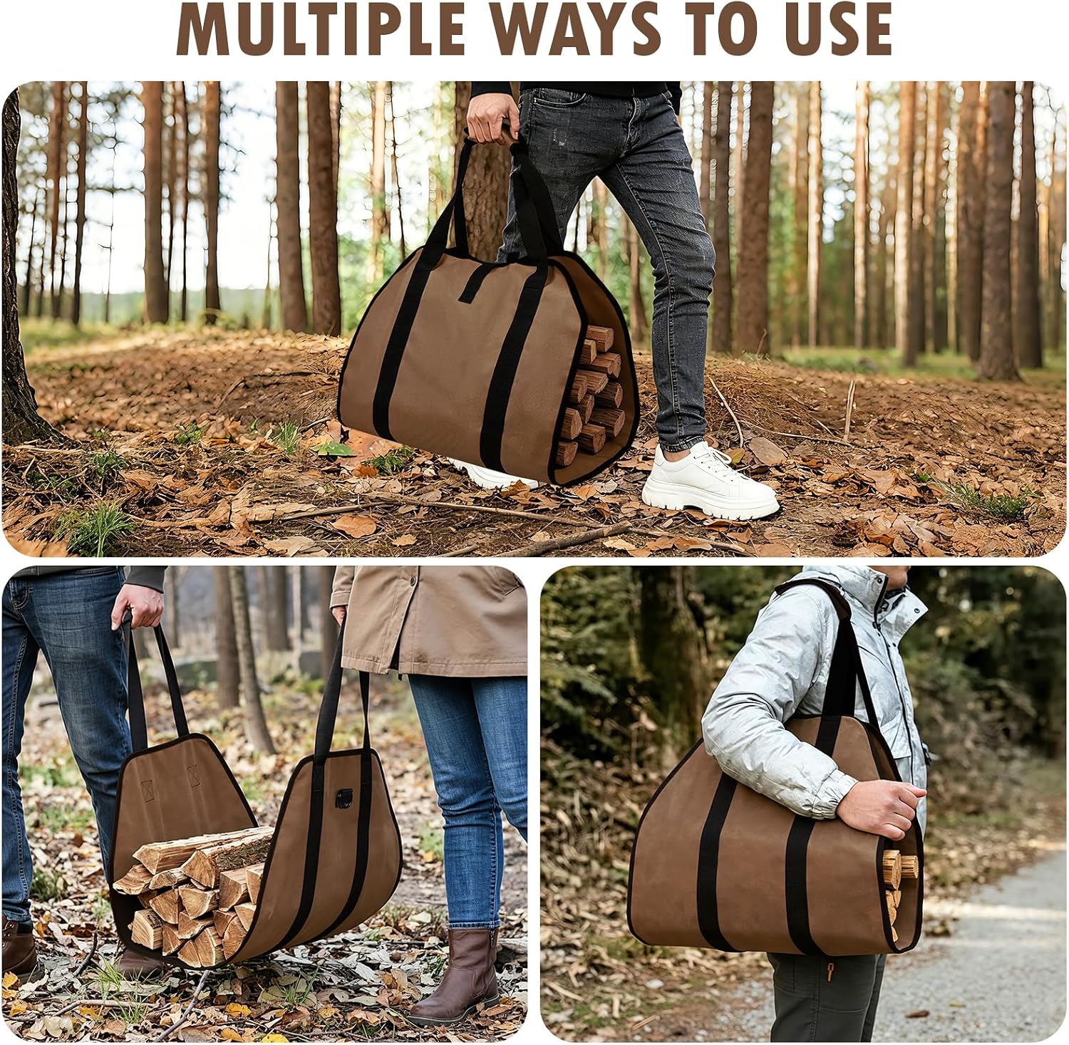 Firewood Carrier Heavy Duty Oxford, Wood Log Tote Bag with Padded Handles for Fireplace & Outdoor Camping Storage