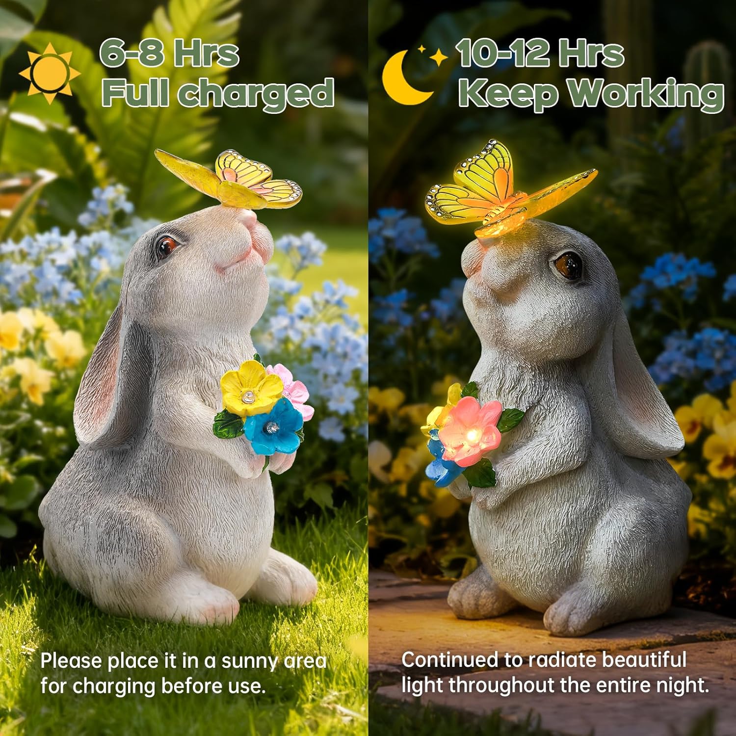 Solar Garden Statue Outdoor Decor, Rabbit Figurine with Butterfly LED Lights, Bunny Statue for Garden, Yard Decor, Lawn Ornament, Valentine's Day Birthday Gift for Women Mom Grandma - Image 2