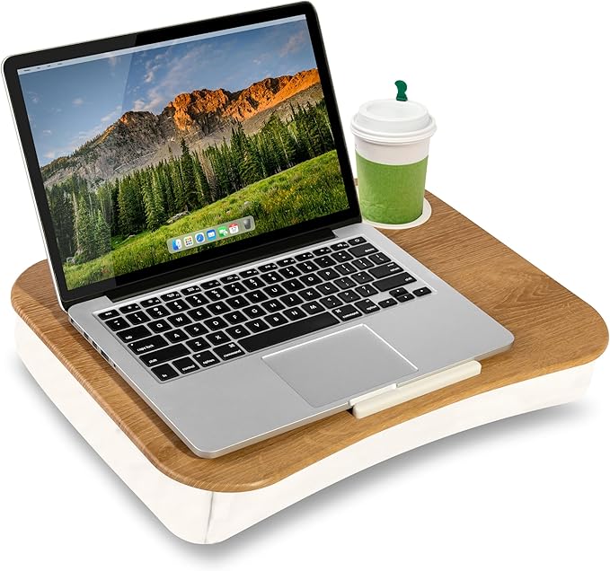 LAPGEAR Cup Holder Lap Desk with Device Ledge - White Oak Woodgrain - Fits up to 14 Inch Laptops - Style No. 46329