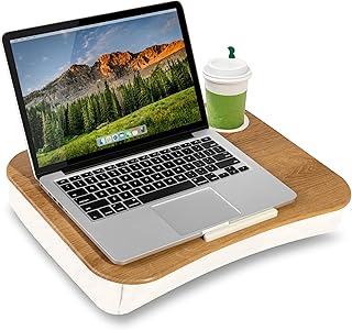 LAPGEAR Cup Holder Lap Desk with Device Ledge - White Oak Woodgrain - Fits up to 14 Inch Laptops - Style No. 46329