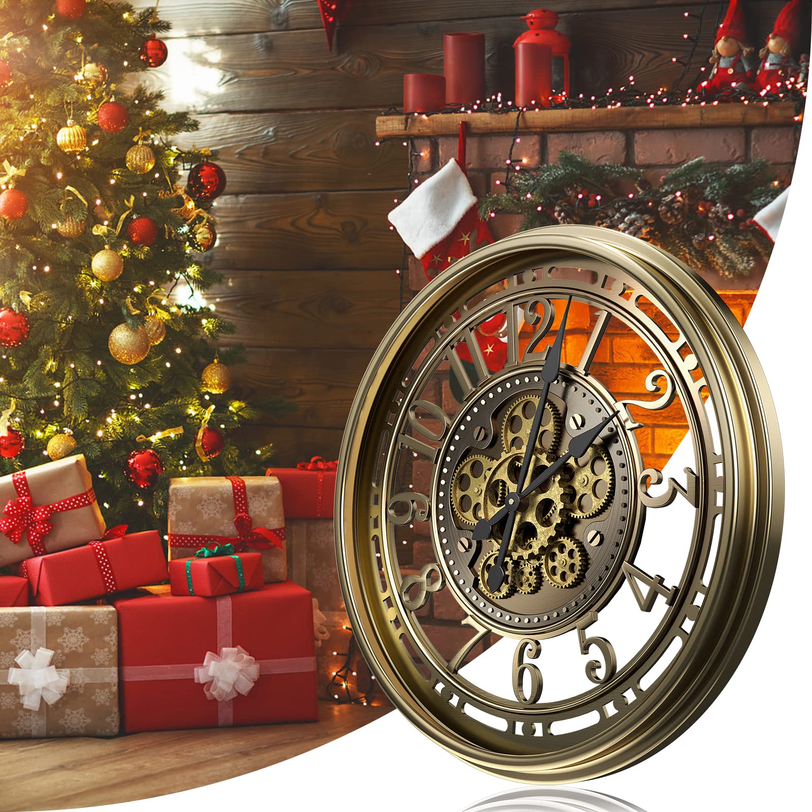 Reloj de pared grande de 53 cm con engranaje móvil, vintage, retro, industrial, metal, números romanos para habitaciones, hogar, cocina, dormitorio, oficina, escuela (bronce retro)