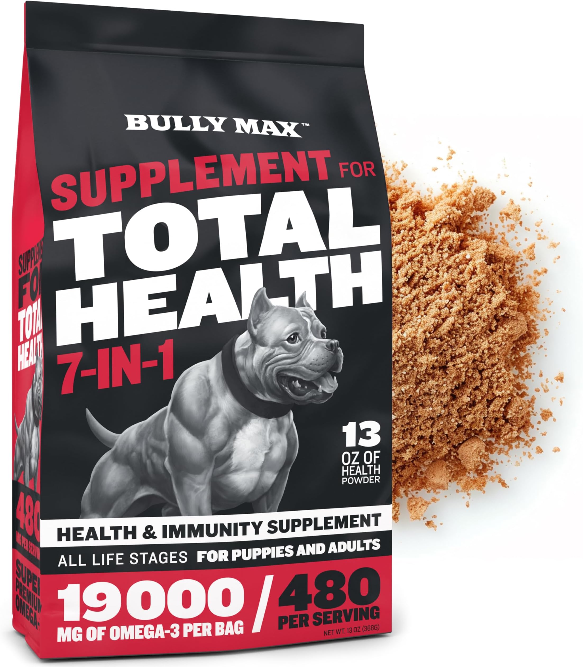 Bully Max Dog Vitamins Total Health Powder | Puppy and Adult Dog Omega 3 Supplement | 7 in 1 Health and Immunity Powder | Performance Series Muscle Builder for All Breeds | 13 Oz Bag