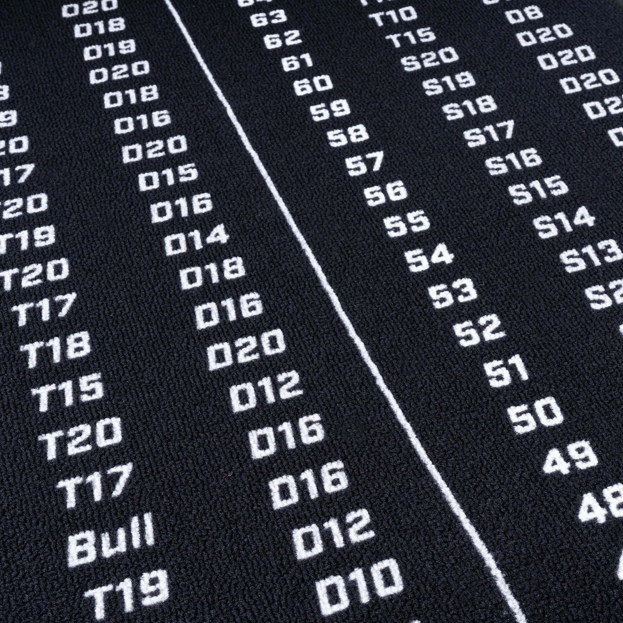 KOTO - Tapis Checkout Noir, 285 x 60 cm + Oche INCL. Indicateur de Score, Tapis de Fléchettes Antidérapant