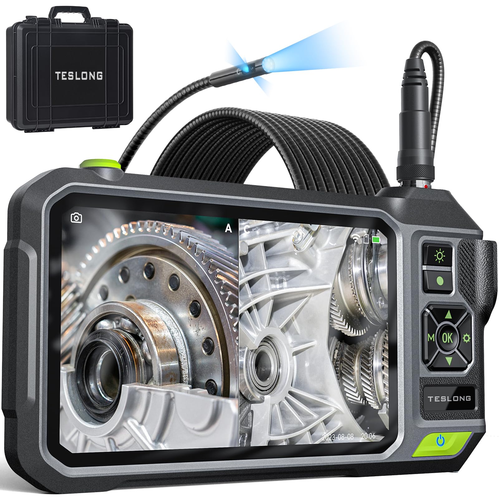 TeslongTriple Lens Borescope with 7" IPS Screen, 1080P HD Industrial Endoscope Inspection Camera with Light, 16.5FT Flexible Automotive Mechanic Scope Tool, Waterproof Pipe Snake Camera in Wall Cam