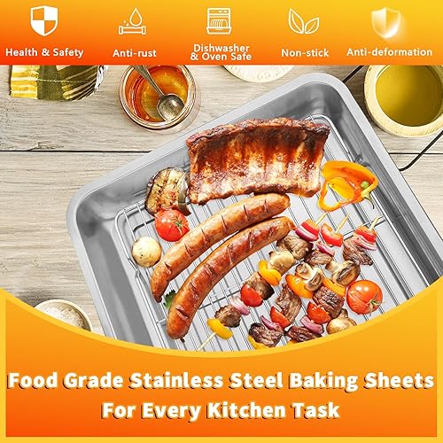 Miniatura 5 de Bazen Juego de bandejas para hornear con estante, bandeja para hornear de acero inoxidable de 17.7 x 13.8 pulgadas con guantes de horno,