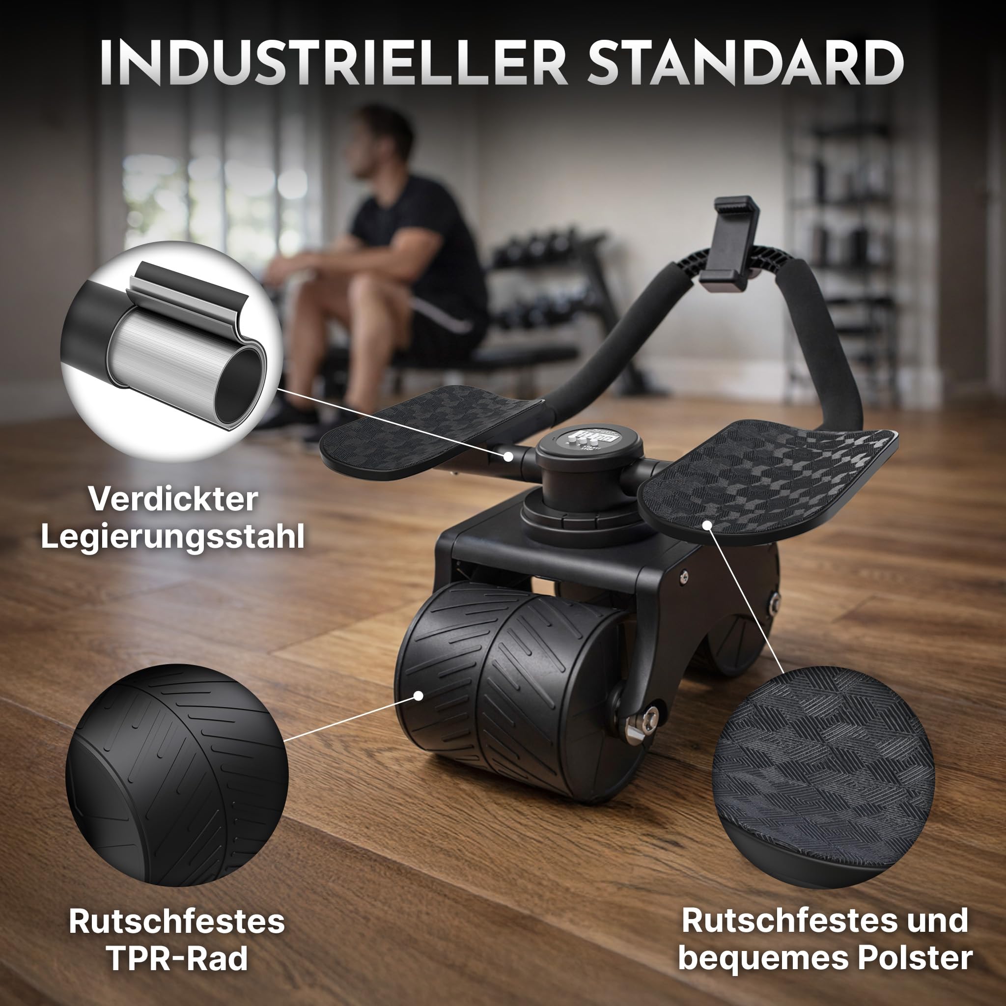 NEOLYMP - Patentierter Bauchroller für Zuhause mit Unterarm-Auflagepads – Extra Breite für Stabilität, 5 Einstellstufen für gerade & seitliche Rollouts & Handyhalterung