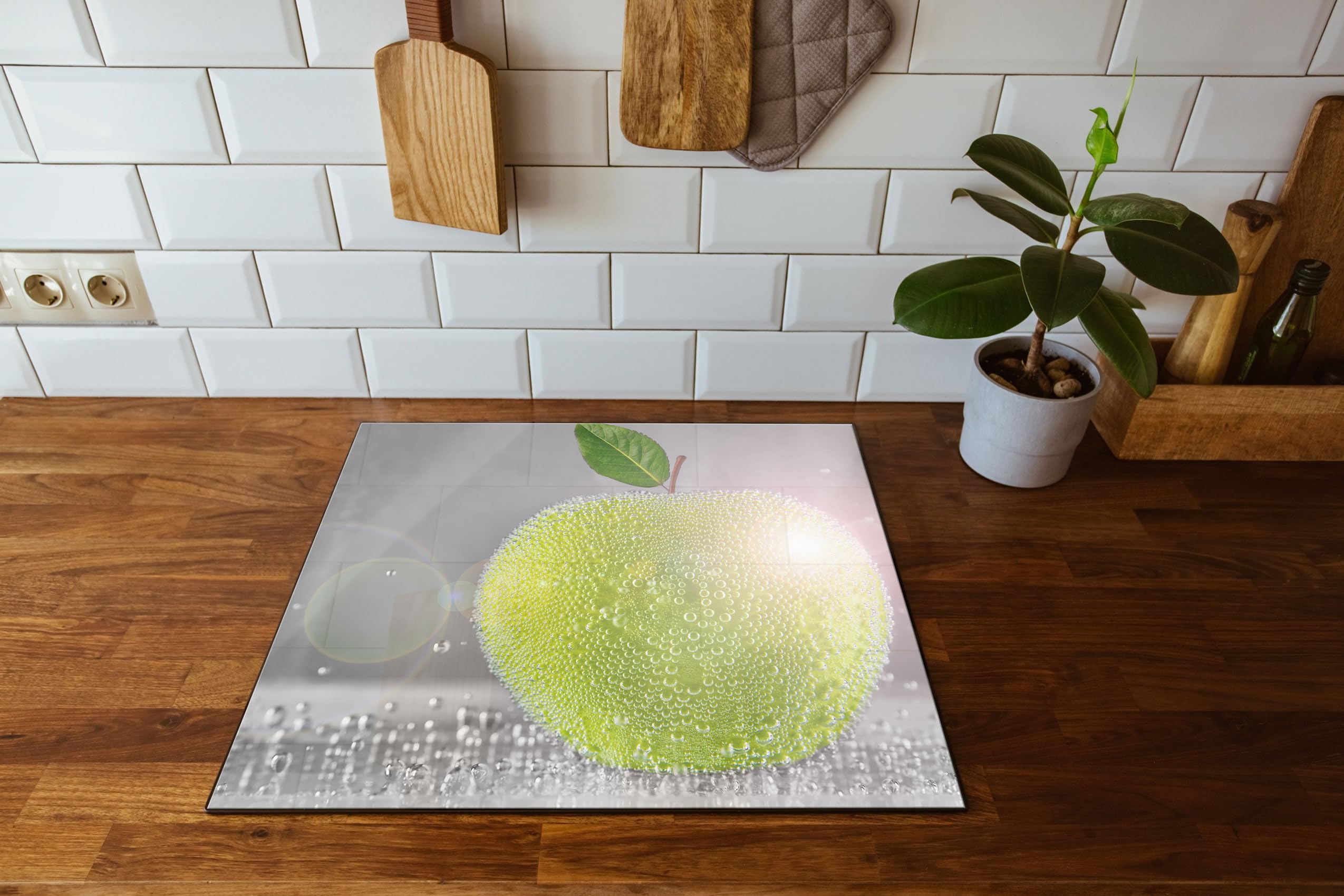 Apfel mit Wasserperlen Herdabdeckplatte & Spritzschutz aus Echtglas | Für Herd-Kochfelder | 60x52 cm