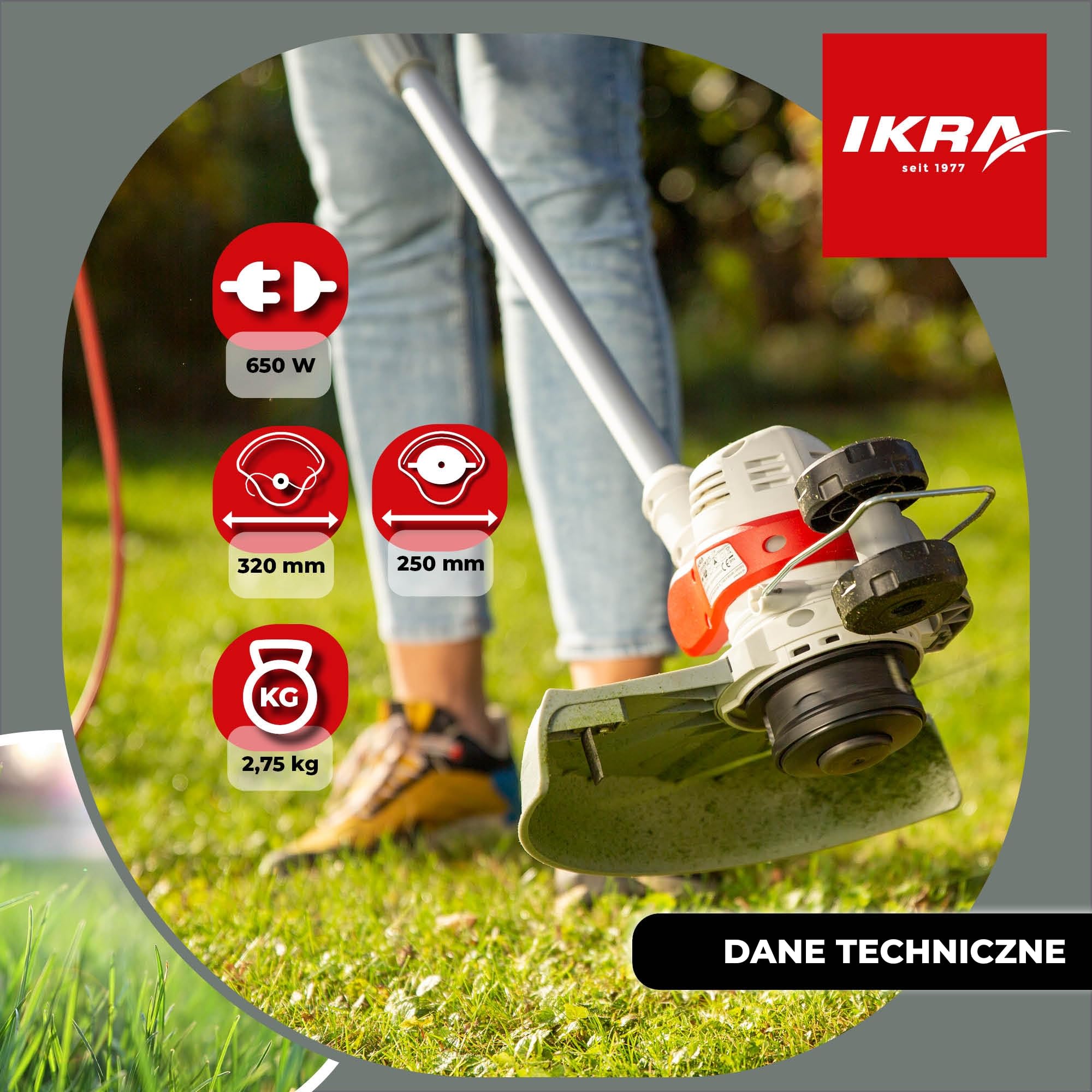 IKRA 2w1 Podkaszarka elektryczna IGT 650 D-TC,650W,szerokość cięcia 30cm | System TwinCut:zestaw z szpulą żyłki i nożem nylonowym,teleskopowa regulacja wysokości,rolka krawędziowa,ochrona roślin
