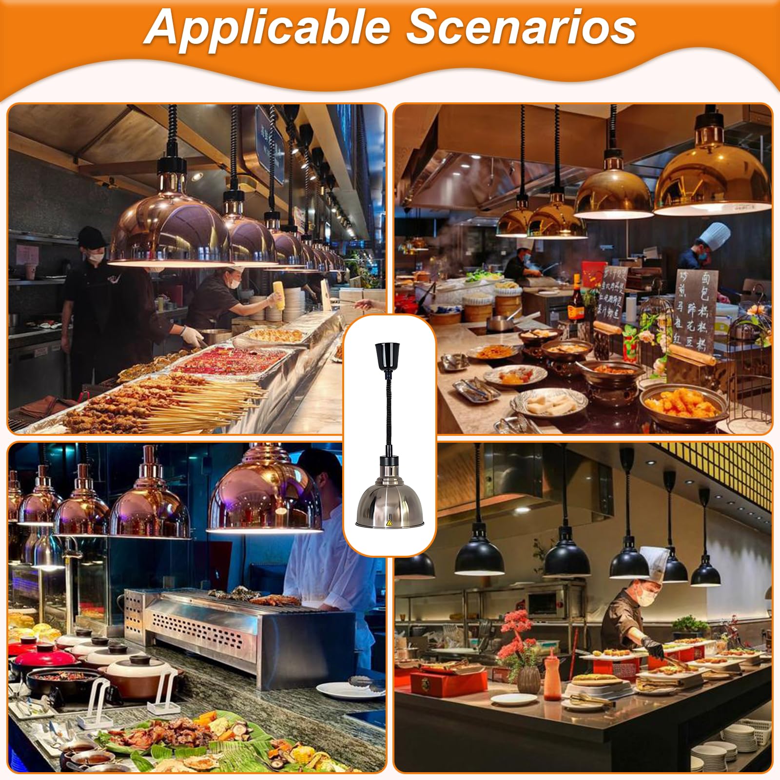 Lampada Riscaldante Cucina, 250W Lampada Riscaldante per Alimenti Regolabile, Lampada Scaldavivande Ristorante Sospeso 19 cm/25 cm per Ristoranti, Hotel (Acciaio inossidabile-25cm,2 Pezzi)