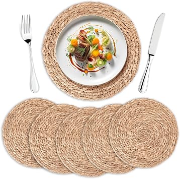 Round Woven Placemats Set of 6 | Handmade Natural Wicker Placemats for Holiday Wedding Home - Slip Heat Resistant Rattan Chargers for Dinner Plates 13 Inch