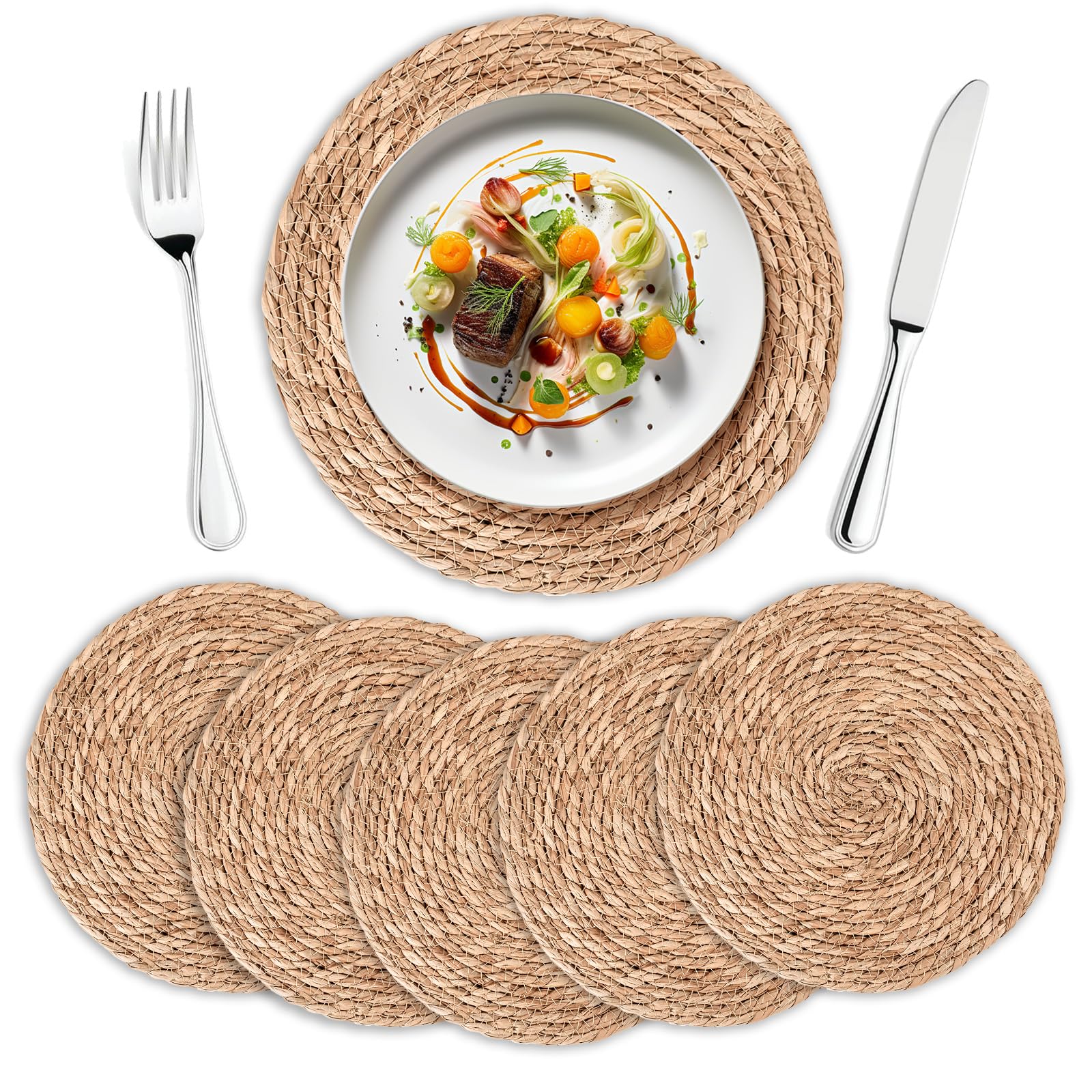 Round Woven Placemats Set of 6 | Handmade Natural Wicker Placemats for Holiday Wedding Home - Slip Heat Resistant Rattan Chargers for Dinner Plates (12 Inch)