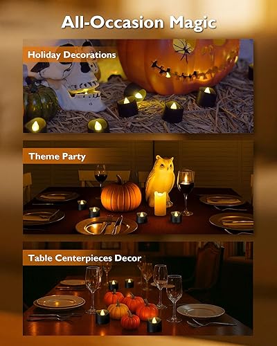 Miniatura 5 de Homemory Paquete de 24 velas de té negras que funcionan con pilas, velas de té de Halloween, velas negras parpadeantes sin llama, ideales para