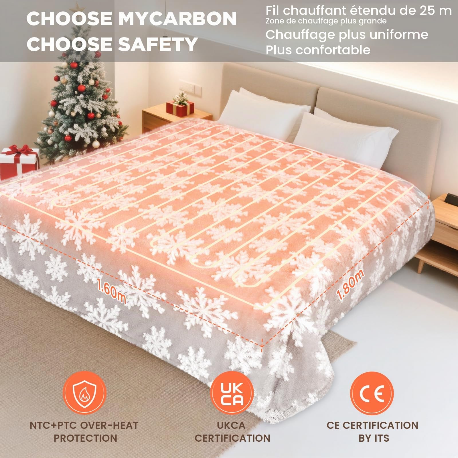 MYCARBON Couverture Chauffante 180x160cm, 2 Places, Plaid Chauffant Électrique pour Lit, Canapé, Arrêt Automatique, 10 Températures, Minuterie 9h, Lavable en Machine, Protection Contre la Surchauffe
