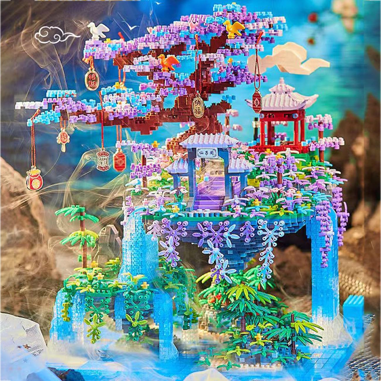 Modular Haus Bausteine, 4574 Klemmbausteine Guanghan Fairy Pavilion Bausteine Bausatz, Klassischer chinesischer Mini-Garten Bauklötze Set, MOC Konstruktionsspielzeug Nicht Kompatibel mit Großen Marken