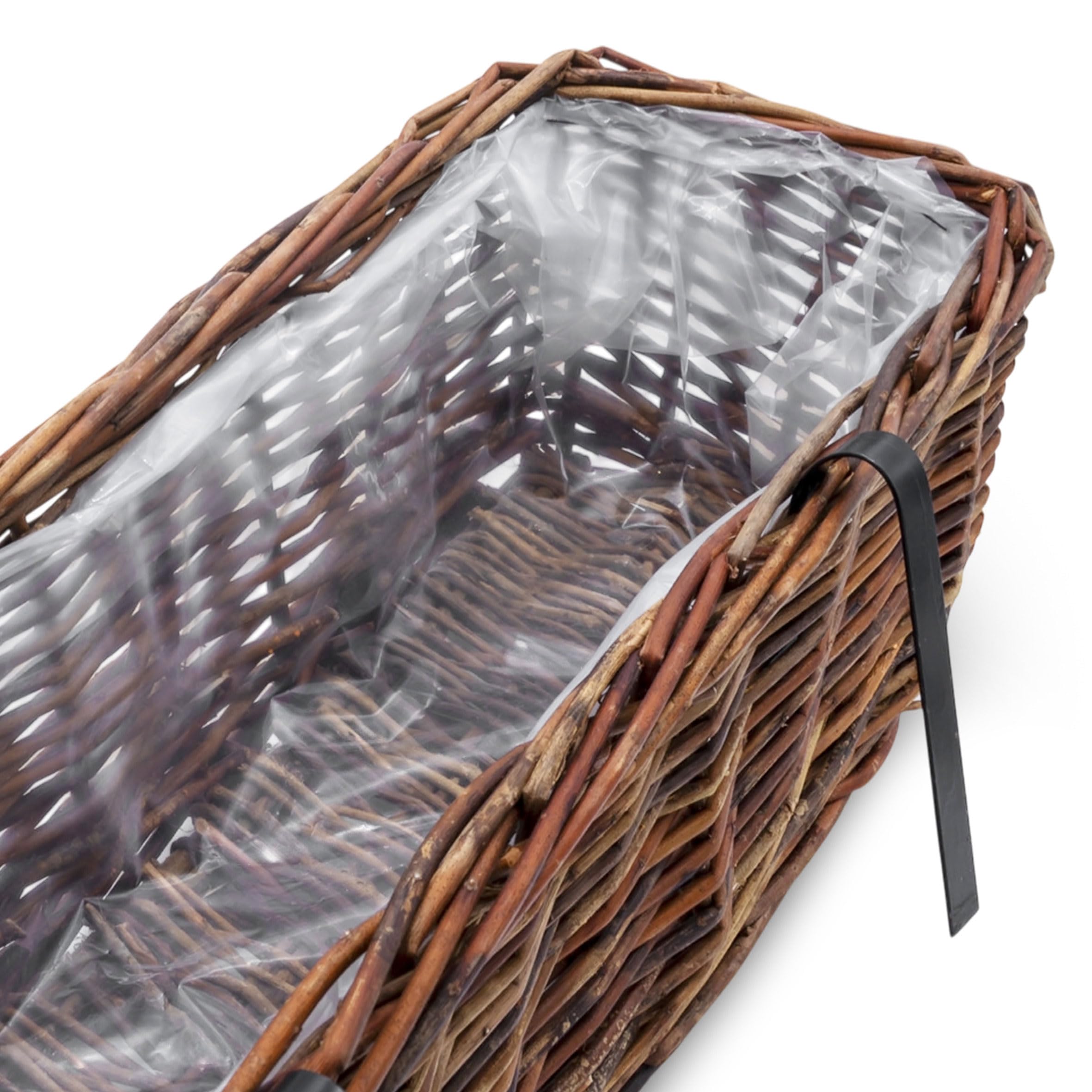 Spetebo Rattan skrzynka balkonowa, zestaw 2 szt., prostokątne, z folią, kolor naturalny, ciemne – 60 x 19 cm – rattanowa skrzynka na kwiaty z zawieszeniem na balustrady do 3,5 cm – skrzynka na rośliny