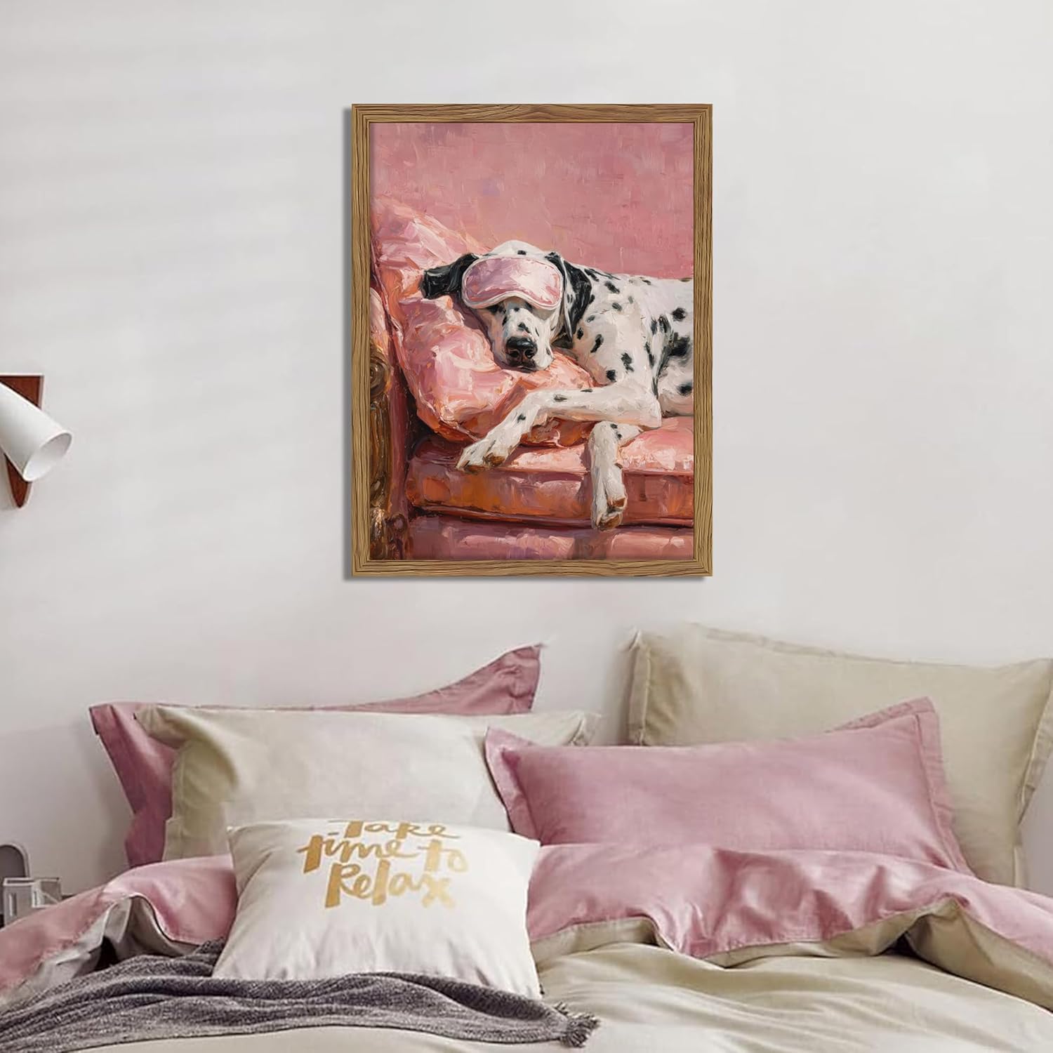 Vintage Framed Dalmatian Wall Art, Cute Dog Canvas Prints Home Decor, Pink Aesthetic Oil Painting, Dalmatian in Sleep Mask Picture Wall Decor for Bedroom Living Room Dormitory – 12x16 inch