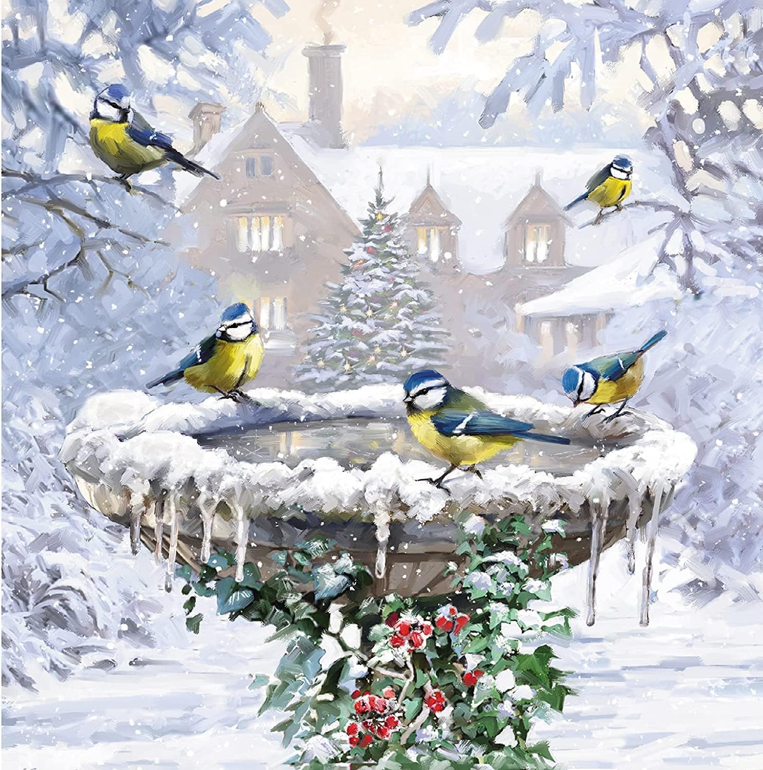 The Almanac Gallery Box of 20 Artistic Charity Christmas Cards, 'Winter Birdbath and Winter Feeder'