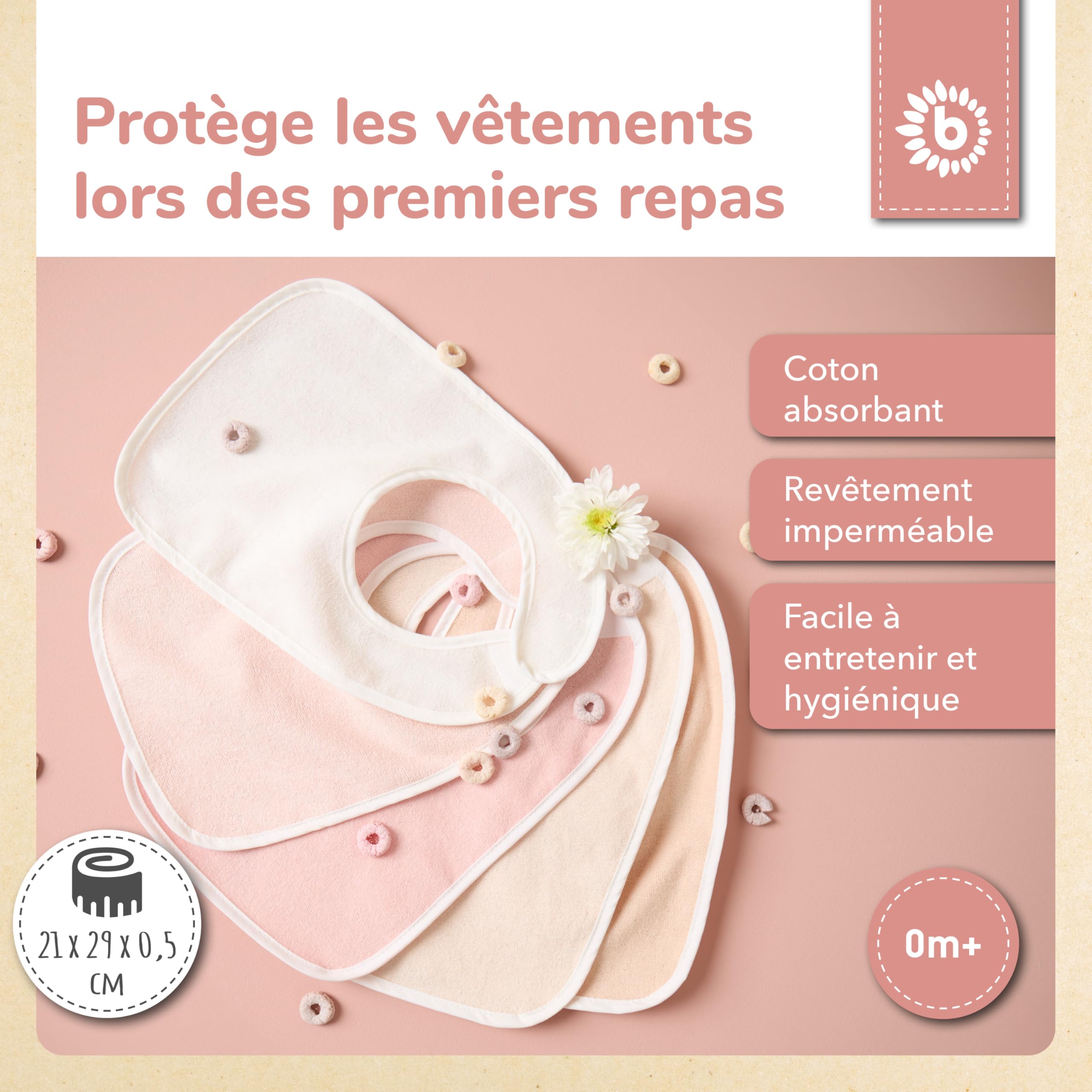 Bieco Ella Lot de 5 bavoirs imperméables en tissu éponge avec fermeture Velcro pour nouveau-né et bébé Rose