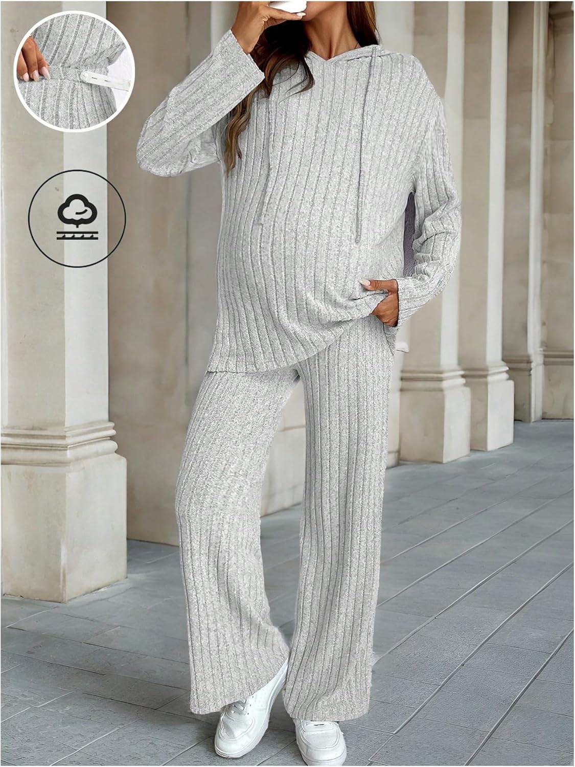 MakeMeChic Women's Maternity 2 Piece Outfits Lounge Set Ribbed Knit Long Sleeve Hoodie and Pants Pregnancy Set - Image 6