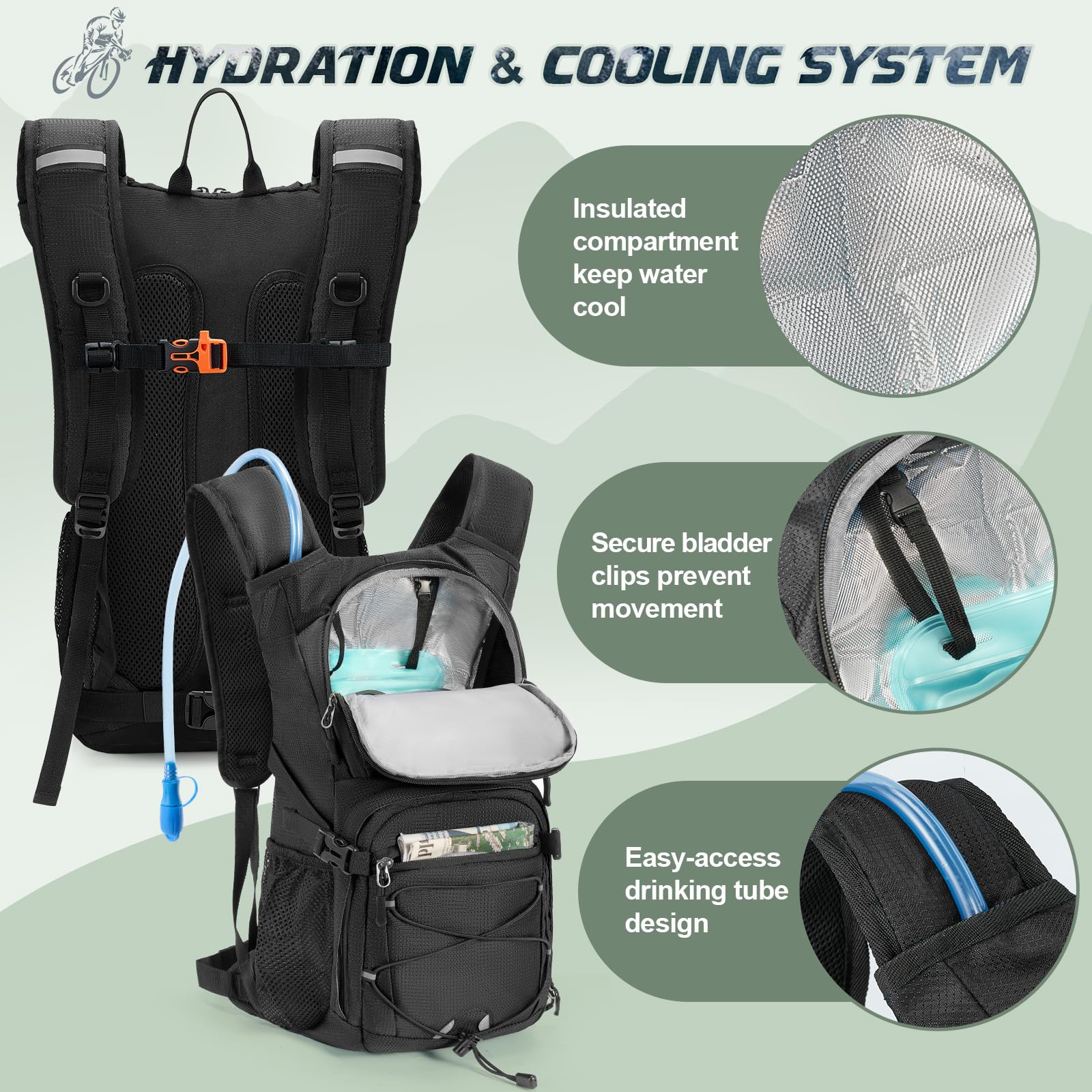 RAINSMORE Trinkrucksack mit 2L Trinkblase Leichter Wanderrucksack Rucksack mit Trinksystem für Herren Damen Fahrradrucksack Laufrucksack Hydration Rucksack zum Klettern Biken Bergsteigen