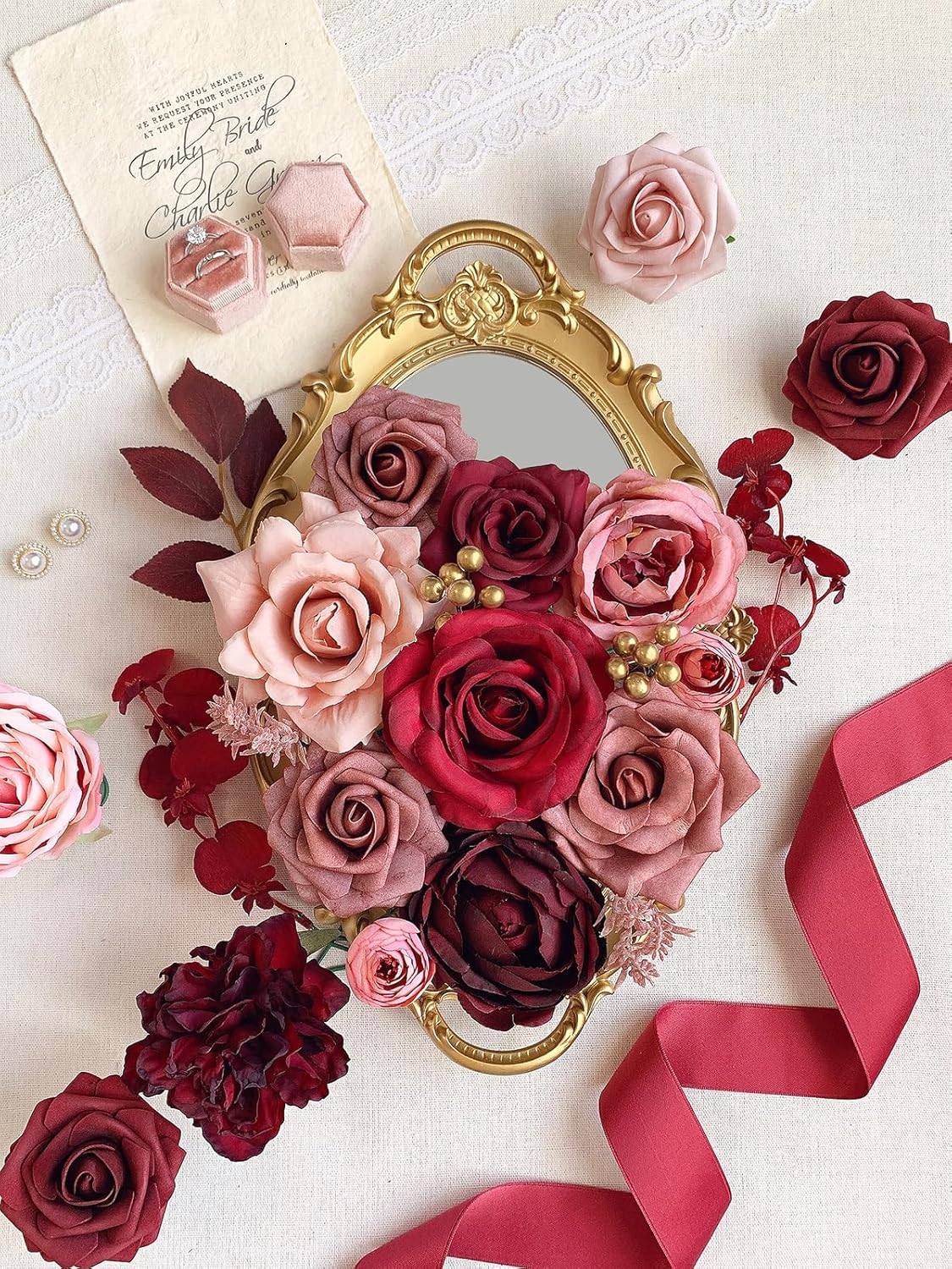 Roses Artificial Flowers Burgundy Fake Flower Bulk for DIY Wedding Bouquet Bridal Baby Shower Centerpiece Table Decorations Cake Decorating Silk Faux Floral Arrangements Party Home Decor Dusty - Image 3