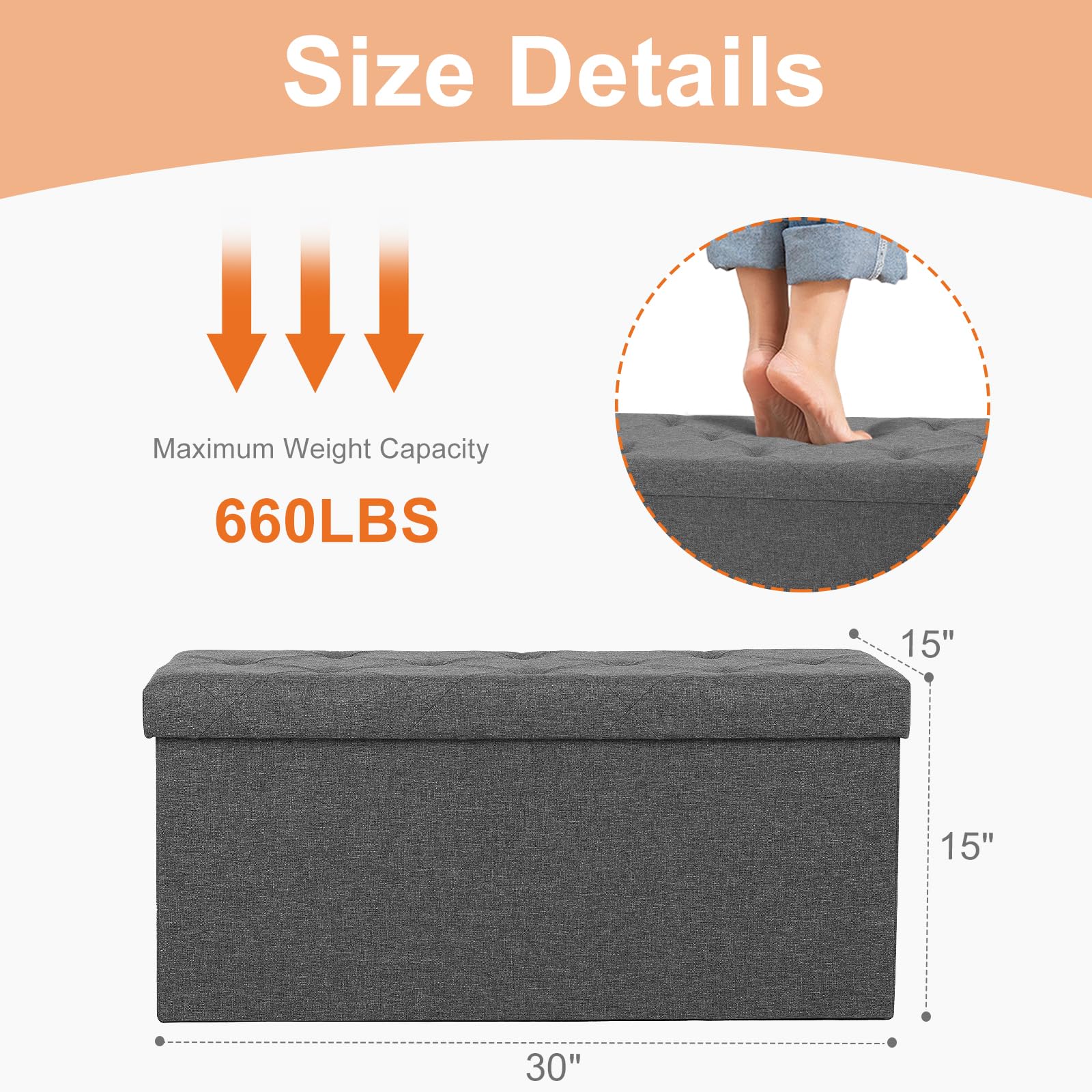 Sweetcrispy 30 inch Folding Storage Ottoman Bench, Foot Rest Stool with Padded Seat, Large Toy Box Storage Chest with Seating for Bedroom, End of Bed, Living Room, Entryway, Holds up to 660 lb-Grey