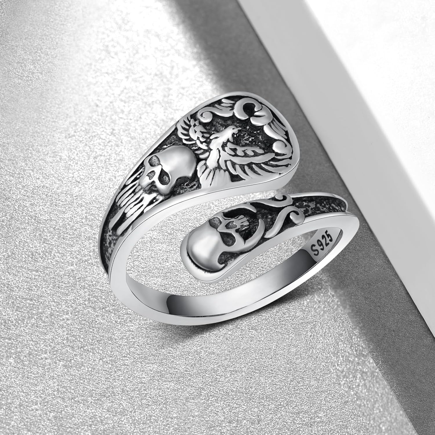 Goth Spoon Rings 925 Sterling Silver Crow/Raven/Phoenix Spoon Ring Thumb Rings for Women Vintage Crow Jewelry Gifts