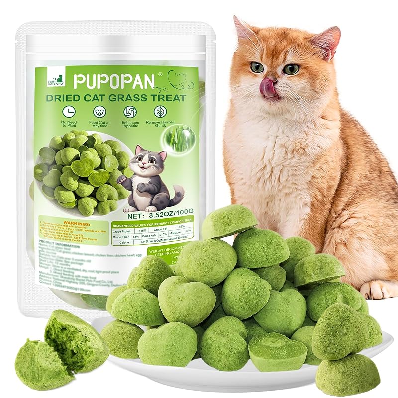 Petisco crocante liofilizado de capim para gatos PuPoPan em formato de coração, 100 g