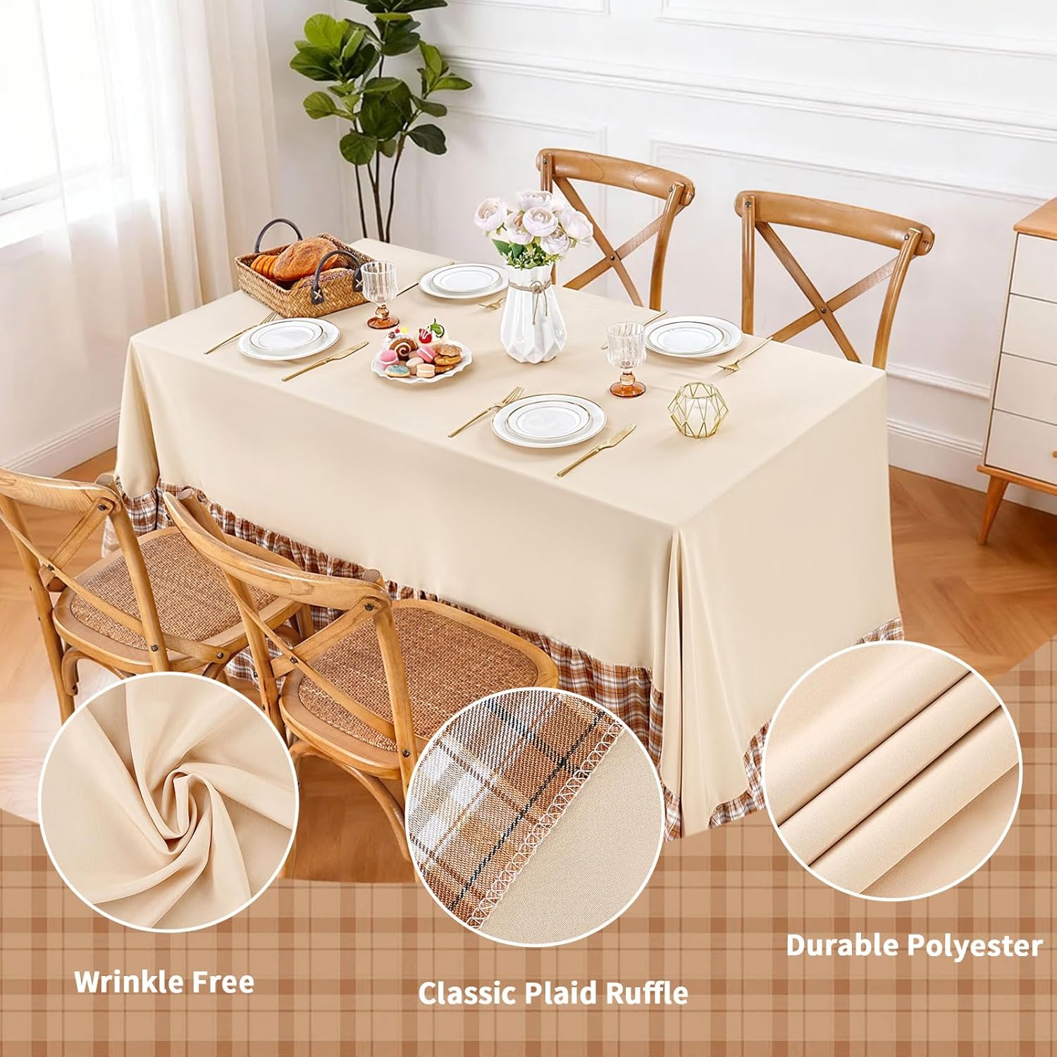 Fanqisi Brown Ruffle Table Cloth Fall Tablecloth - 90 x 132 Inch Polyester Tablecloths Rectangle Thanksgiving Table Cover for Birthday Wedding Picnic Christmas Party Decoration