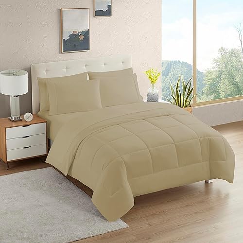 Vista 110 de Sweet Home Collection Juego de edredón de 7 piezas Bolsa de color sólido para todas las estaciones, manta alternativa de plumón suave y lujosas Camel