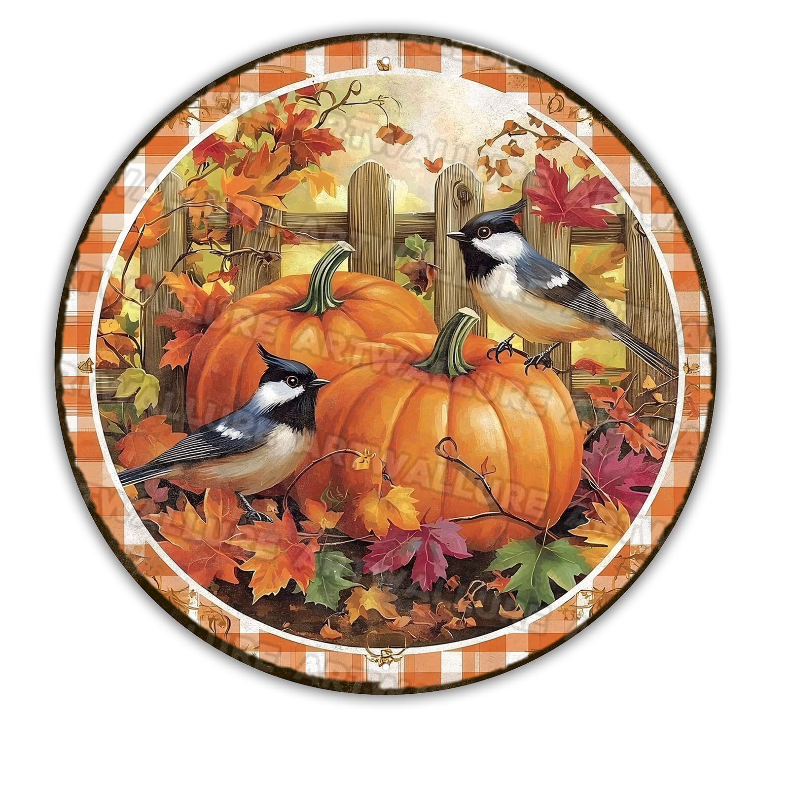 Round Bird Fall Pumpkins Wreath Sign Thanksgiving Pumpkin Metal Tin Sign for Home Livingroom Coffee Bar Farmhouse Idyllic Wall Art Decor Gift 12x12inch