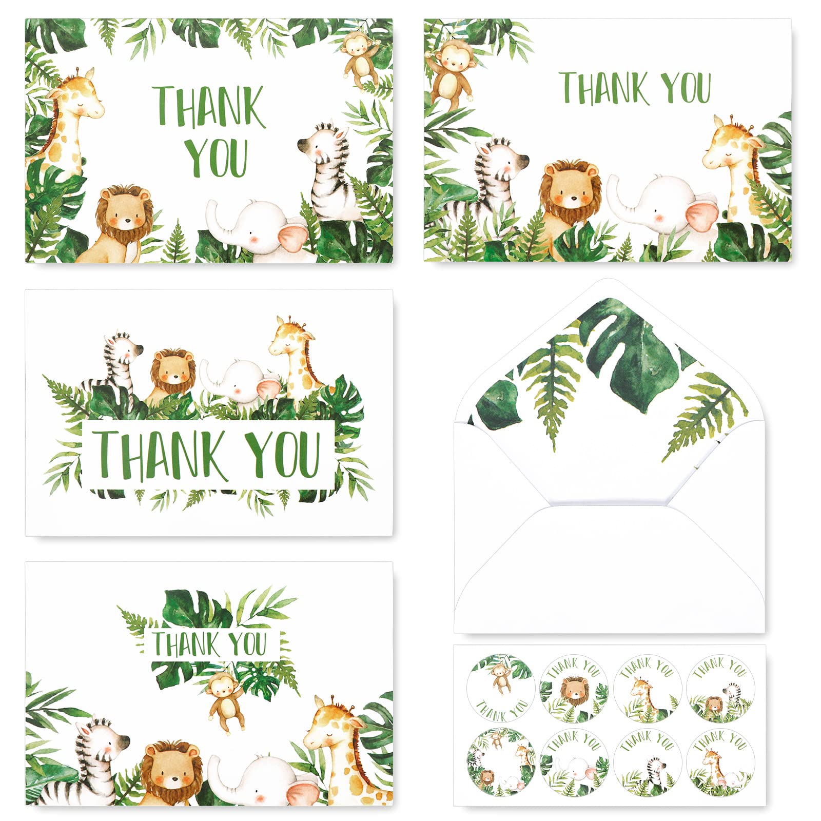 AnyDesign 32 Safari Jungle Thank You Cards with Envelopes Stickers Forest Wild Animals Greenery Greeting Note Cards Gratitude Card Pack for Kids Baby