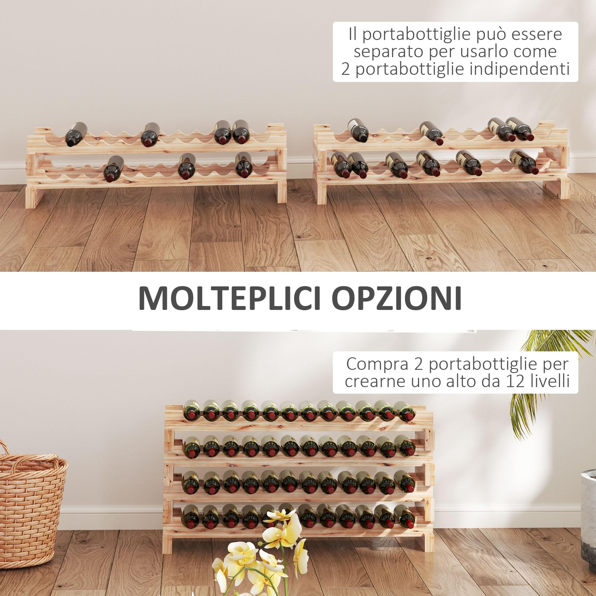 HOMCOM Scaffale Portabottiglie in Legno di Abete, Cantinetta Portabottiglie con 4 Ripiani per 48 Bottiglie e Peso Massimo 60 kg, 114x28x56.5 cm, Legno Naturale